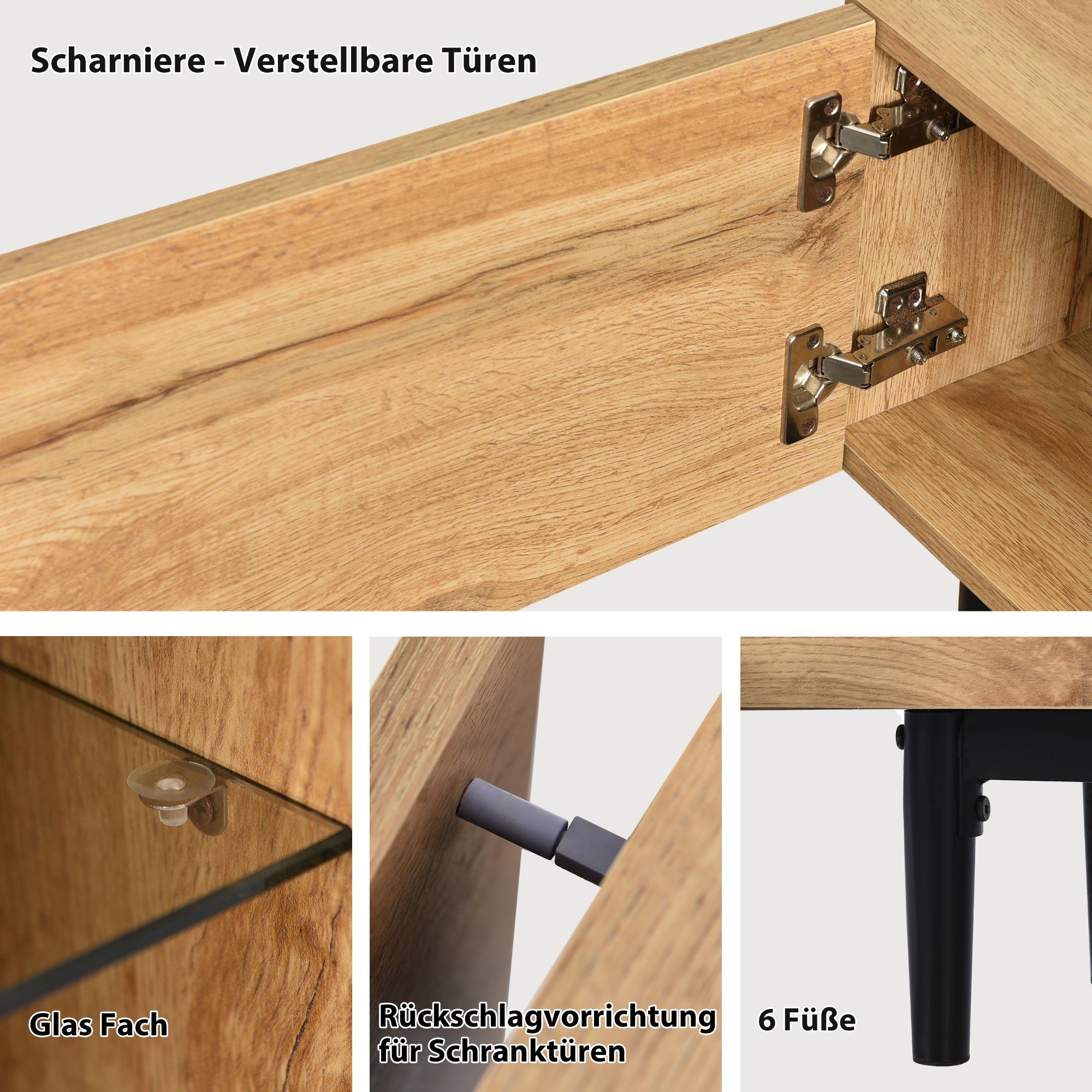 KLAM HOME Lowboard moderner klassischer TV-Schrank aus Wildeiche mit LED-Leuchten (für Wohnzimmer Schlafzimmer), TV-Tisch TV-Board TV-Kommode 175 x 31 x 41 – Bild 5 von 5