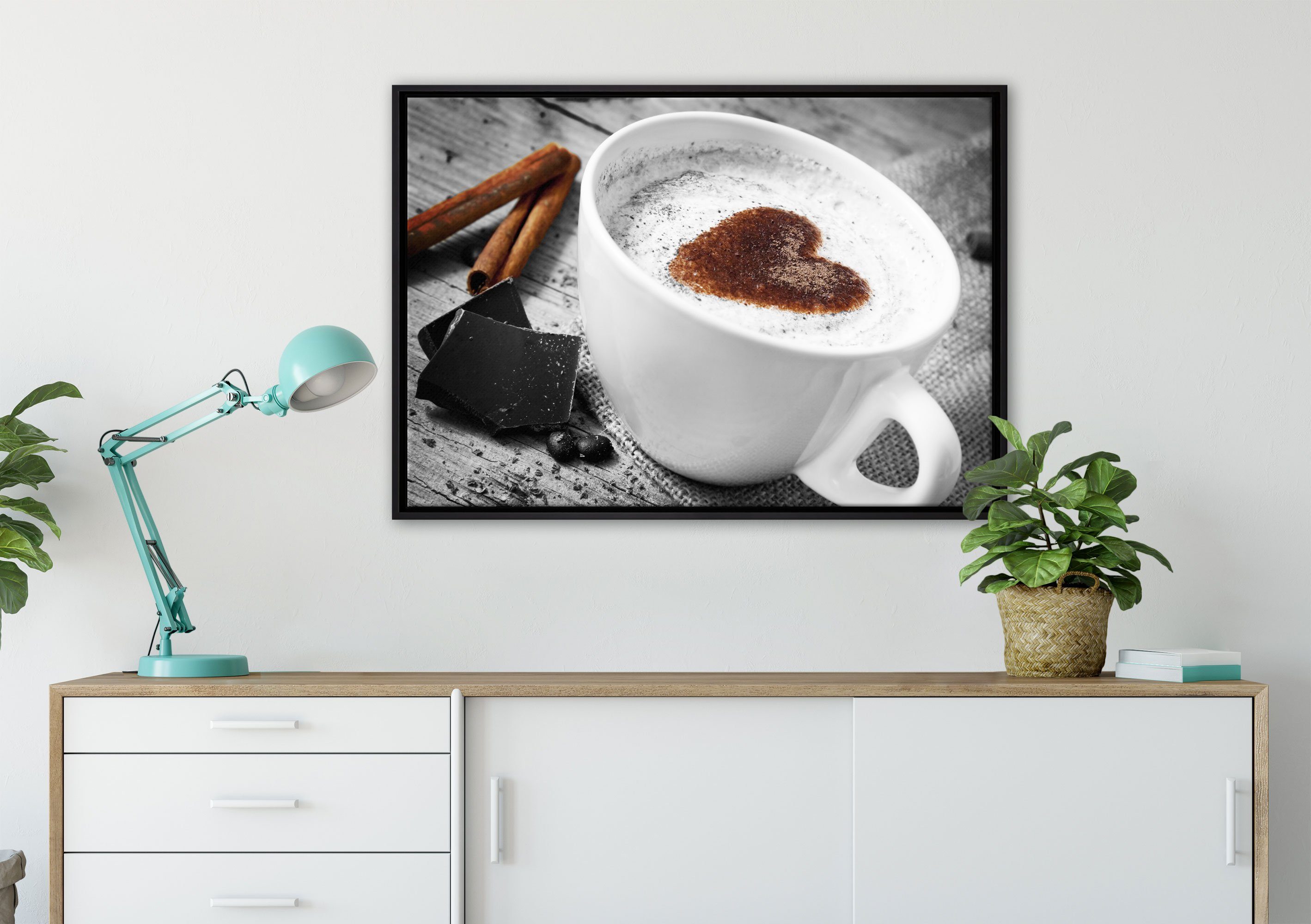 Pixxprint Leinwandbild schönes Kaffeesahneherz, Wanddekoration gefasst, fertig einem Zackenaufhänger St), Schattenfugen-Bilderrahmen in bespannt, Leinwandbild inkl. (1