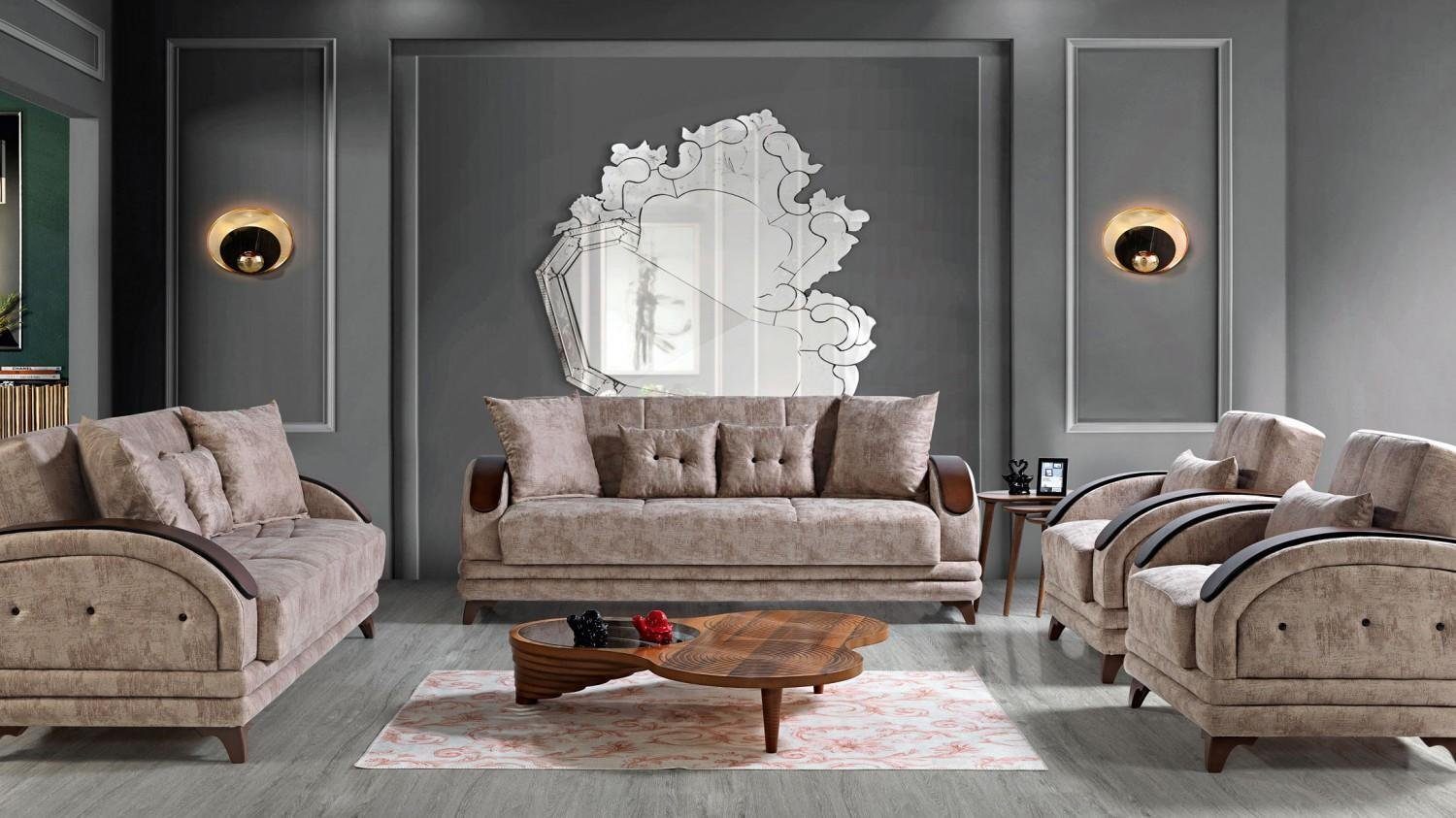 JVmoebel Wohnzimmer-Set Sofagarnitur 3+2+1+1 Holz Wohnzimmer Luxus Sofa Modern Stoff Komplett, (3 Sitzer / 2 Sitzer / 2x Sessel), Made In Europe