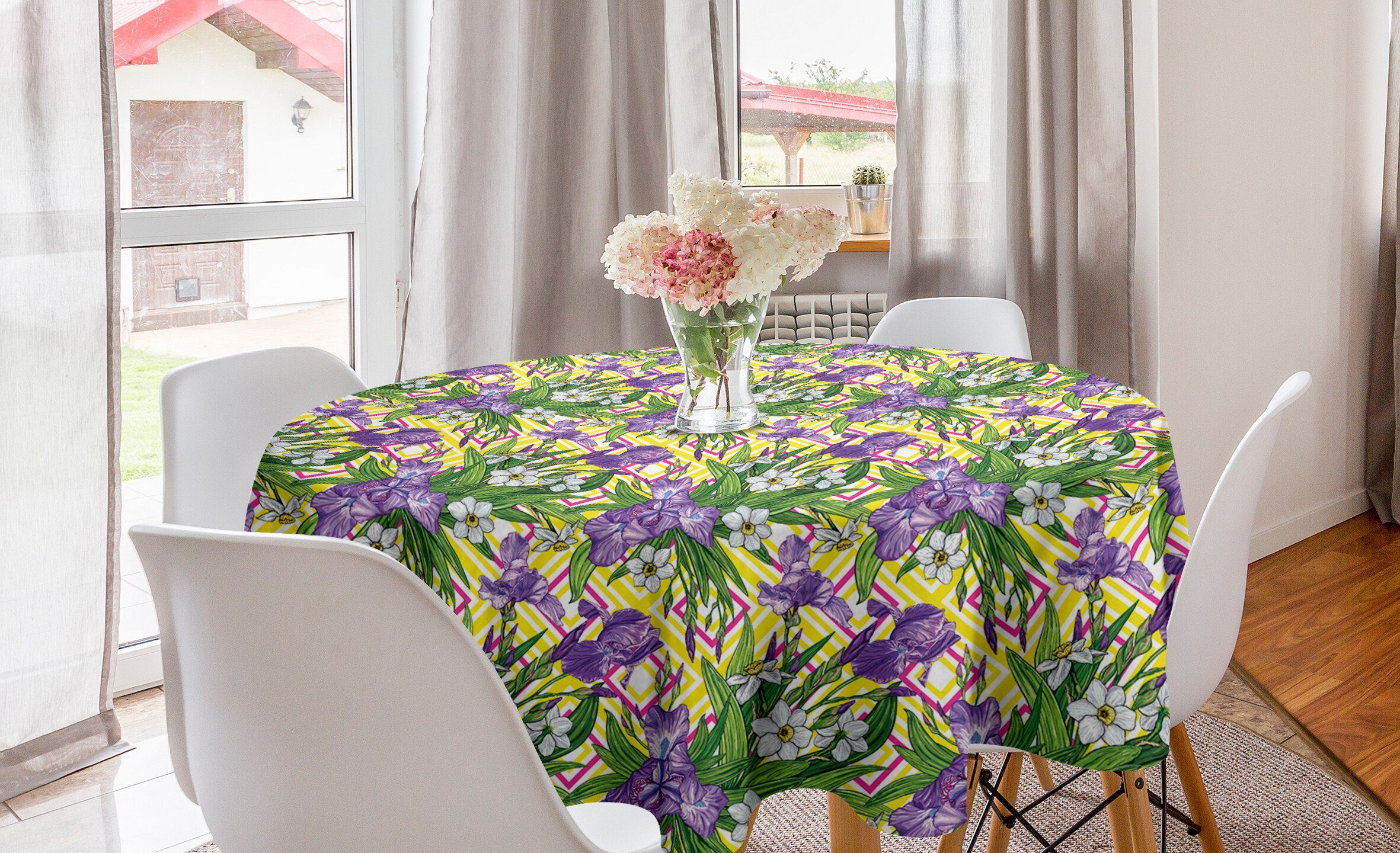 Abakuhaus Tischdecke Kreis Tischdecke Abdeckung für Esszimmer Küche Dekoration, Grün und Lila Iris und Narzissen