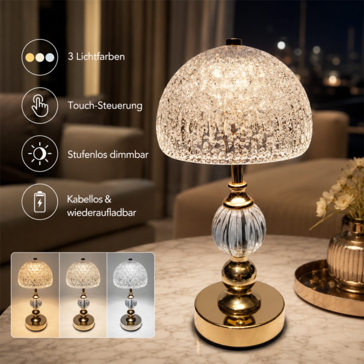Luckice LED Nachttischlampe Moderne LED Tischlampe–Nachtlicht Nachttischlampe kabellos, 2000-mAh-Batterie, dreifarbige Lichtänderung, stufenlose Dimmung, stilvolle Tischleuchte mit einstellbarer Helligkeit & Warmweiß für Schreibtisch, Schlafzimmer, Wohnzimmer  stufenlos dimmbar, augenschonend & energiesparend