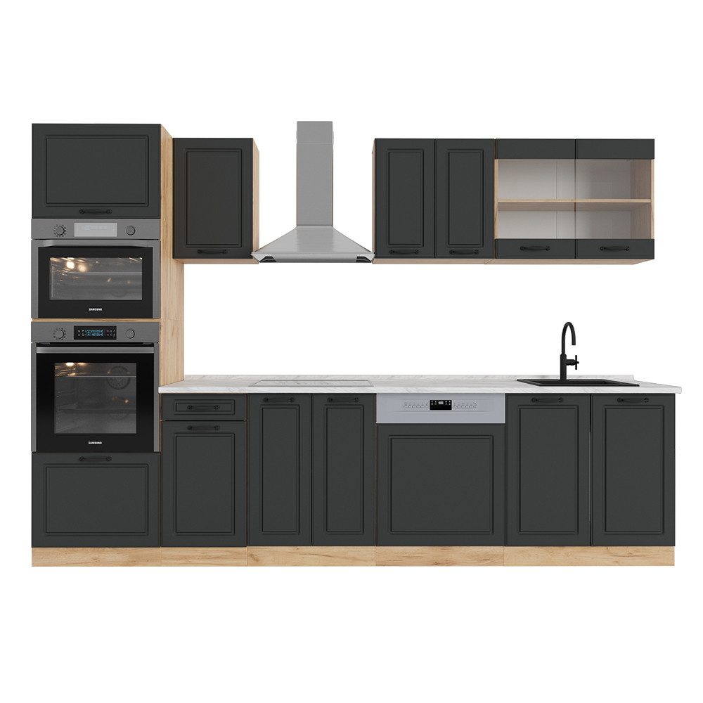 Vicco Küchenzeile R-Line, Anthrazit Landhaus/Goldkraft Eiche, 300 cm mit Hochschrank,...