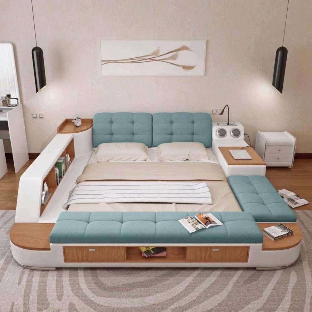 JVmoebel Bett Betten Moderne Hotel Multifunktion Liege Doppel Luxus Design Leder Türkis | Bettgestelle