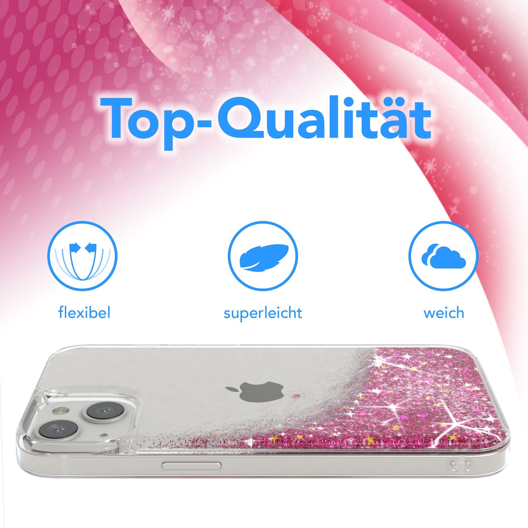 EAZY CASE Handyhülle Liquid Glittery Case für Apple iPhone 13 6,1 Zoll, Glitzerhülle Shiny Slimcover stoßfest Durchsichtig Bumper Case Pink
