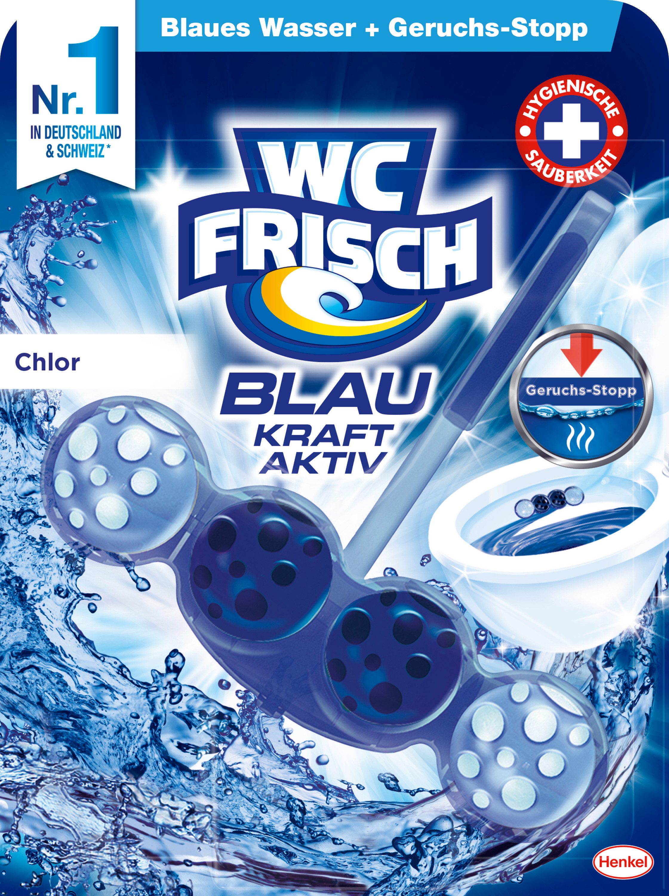 WC Frisch Kraft-Aktiv Blauspüler Chlor WC-Reiniger (Packung, [1-St. Farbspüler für hygienische Sauberkeit mit 50 Prozent mehr Glanz)