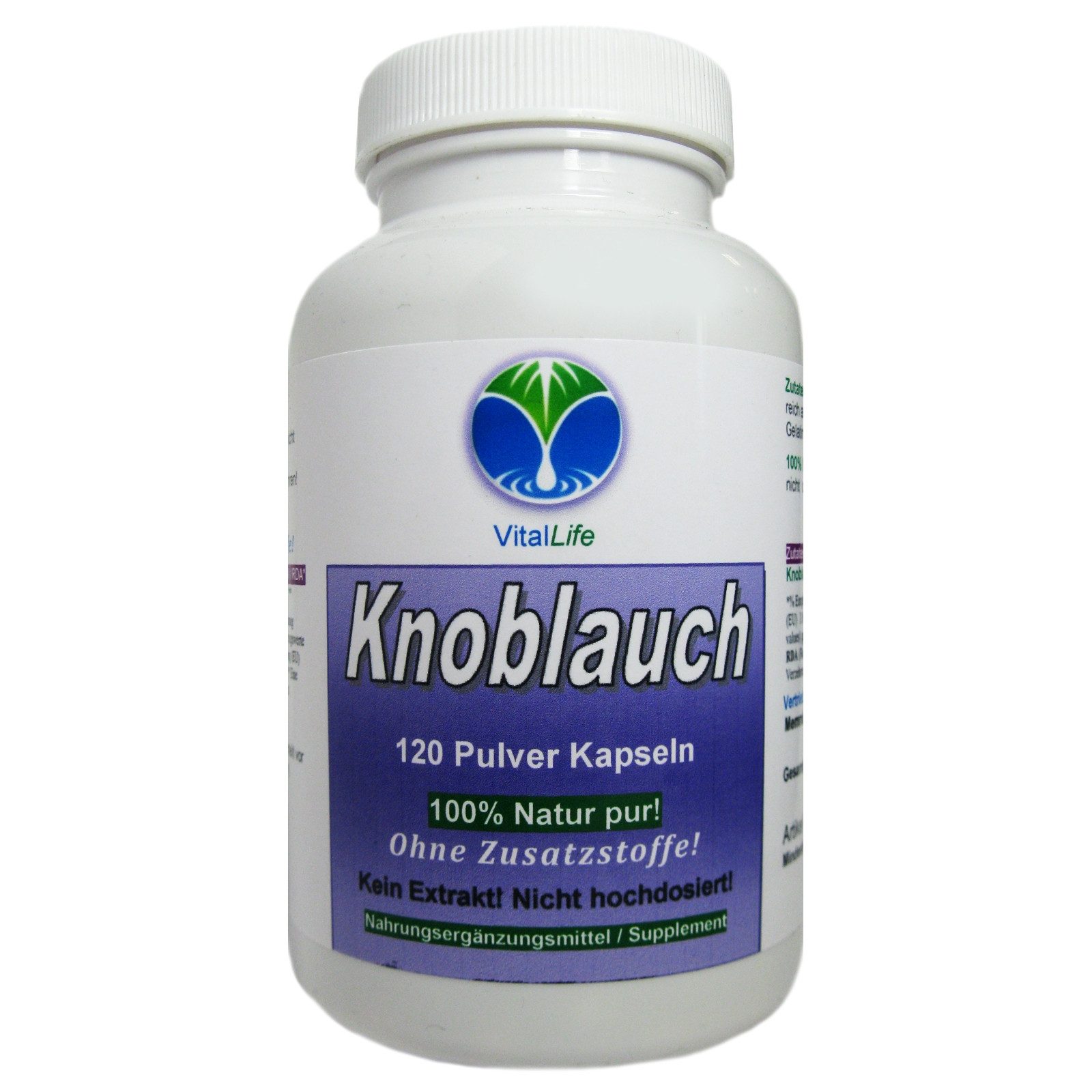 VitalLife Knoblauch Natur Pur NICHT hochdosiert KEIN Extrakt OHNE Zusatzstoffe Kapseln, 1 er Dose à 120 St., 68,4 g, Art. 26385