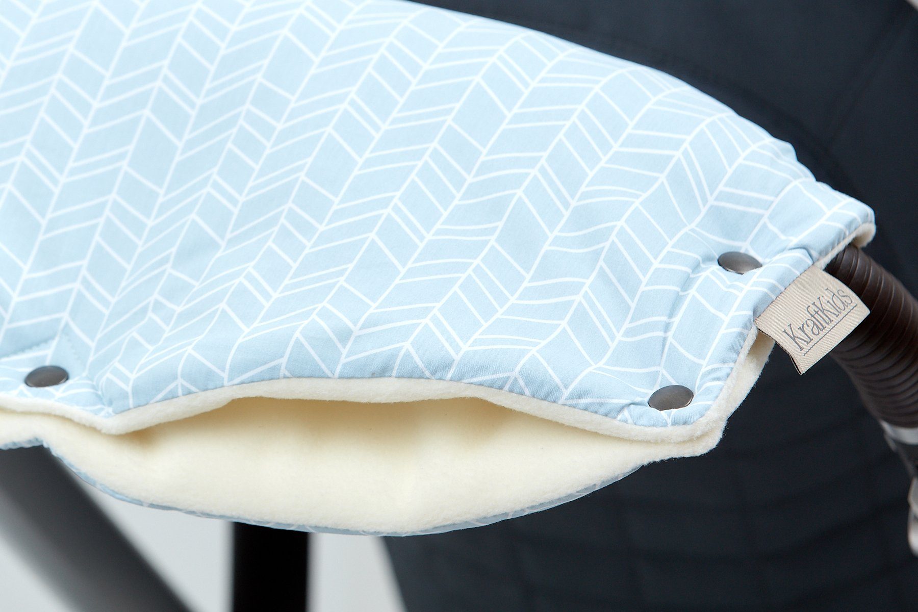 Fleece Blau, dickem aus Kinderwagen-Handwärmer weiße Muster KraftKids Feder auf Innenseite
