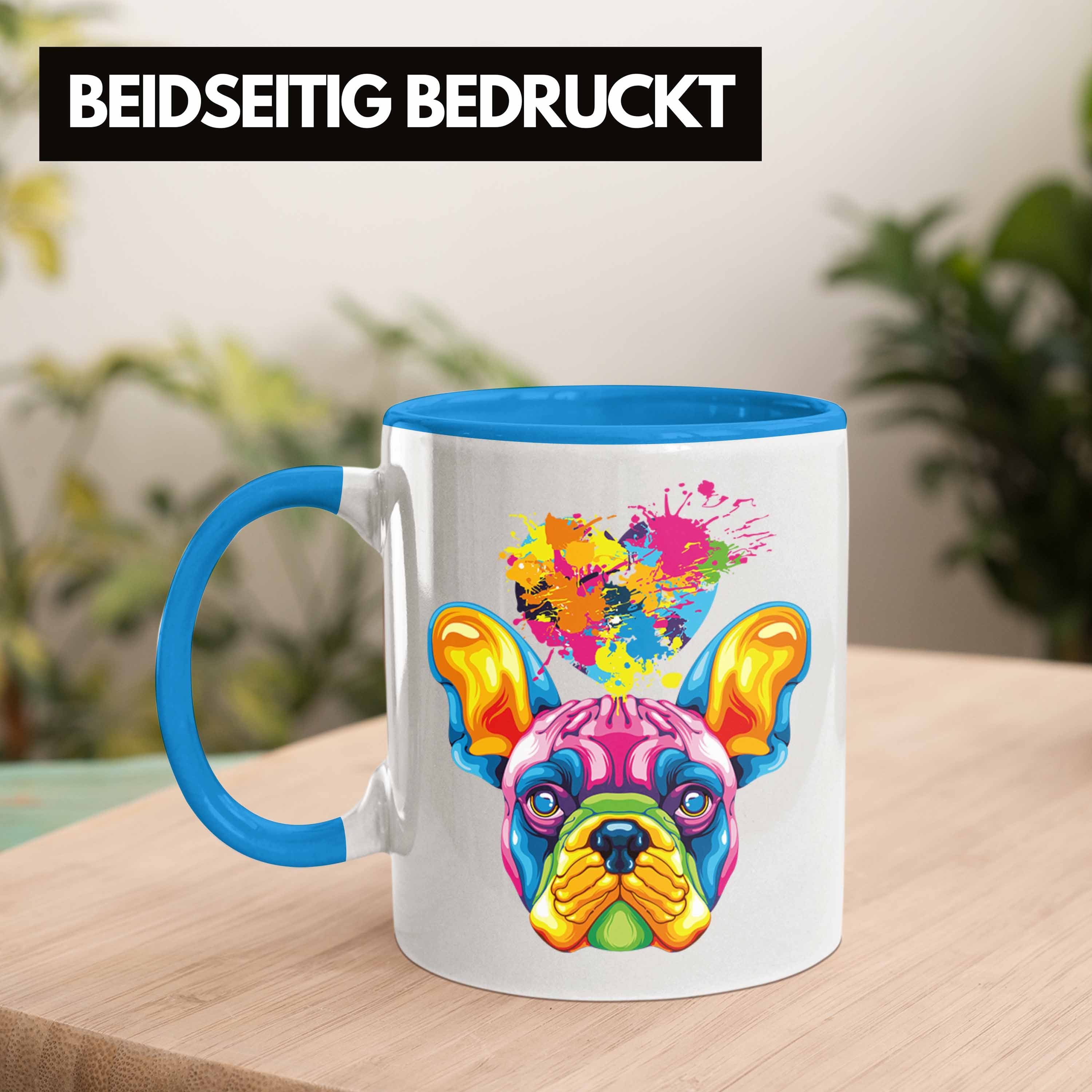 Tasse Bulldogge Farbe Trendation Geschenk Besitzer Französische Tasse Spr Blau Herz Lustiger
