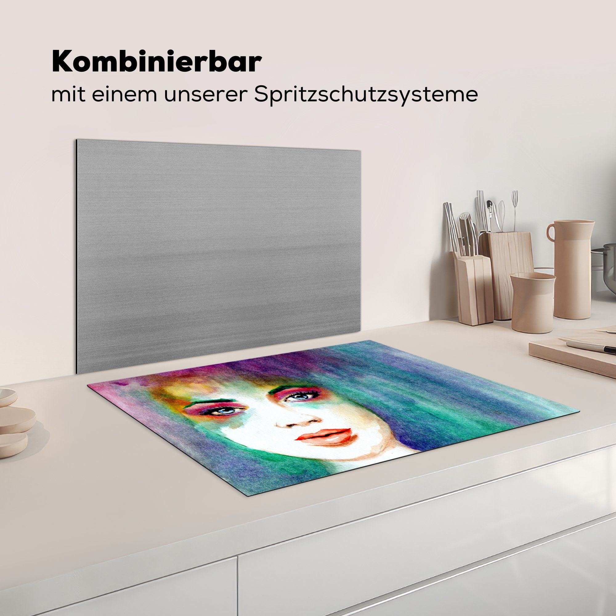 MuchoWow Herdblende-/Abdeckplatte Buntes küche, die einer Kunstwerk cm, Vinyl, Induktionskochfeld Ceranfeldabdeckung 71x52 tlg), (1 Schutz für Frau