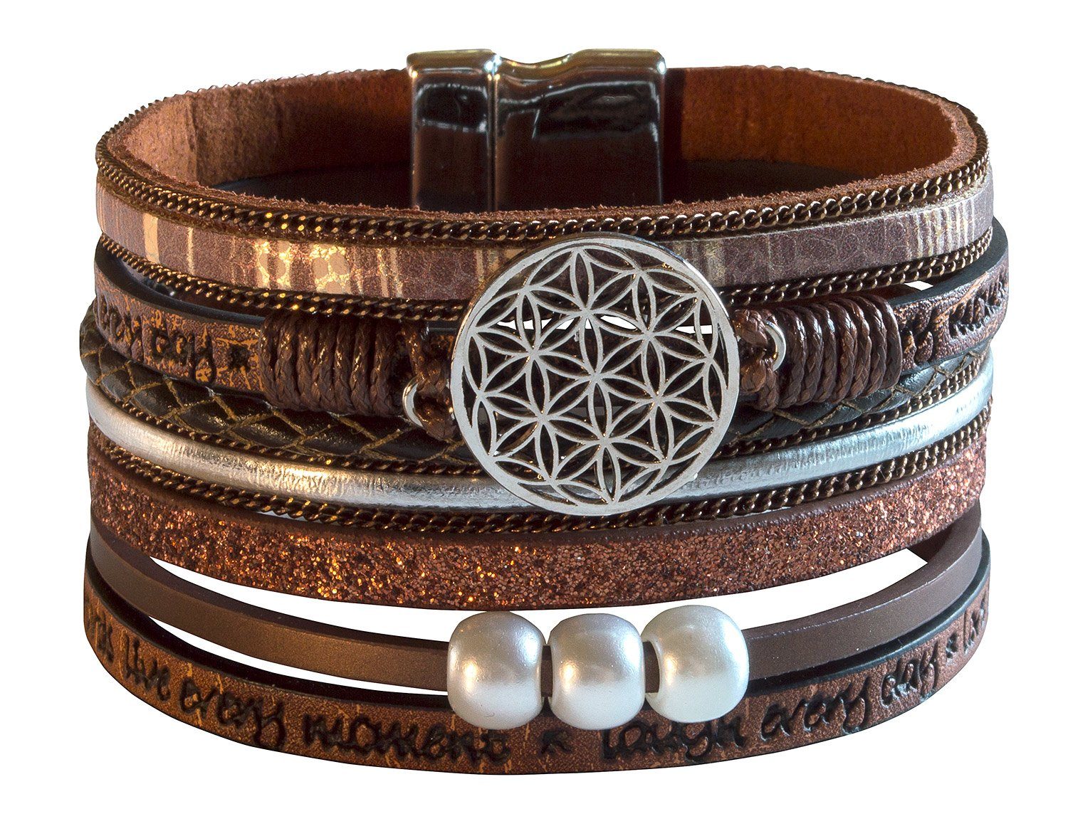 Saraswati Armband Armband "Blume des Lebens" Kunstleder braun, Metall silberfarben mit M