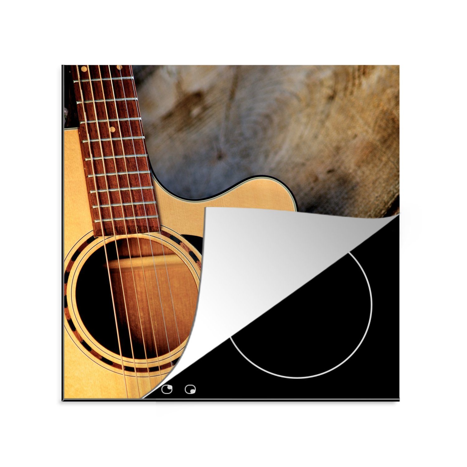 MuchoWow Herdblende-/Abdeckplatte Eine akustische Gitarre auf einem Holzsockel, Vinyl, (1 tlg), 78x78 cm, Ceranfeldabdeckung, Arbeitsplatte für küche