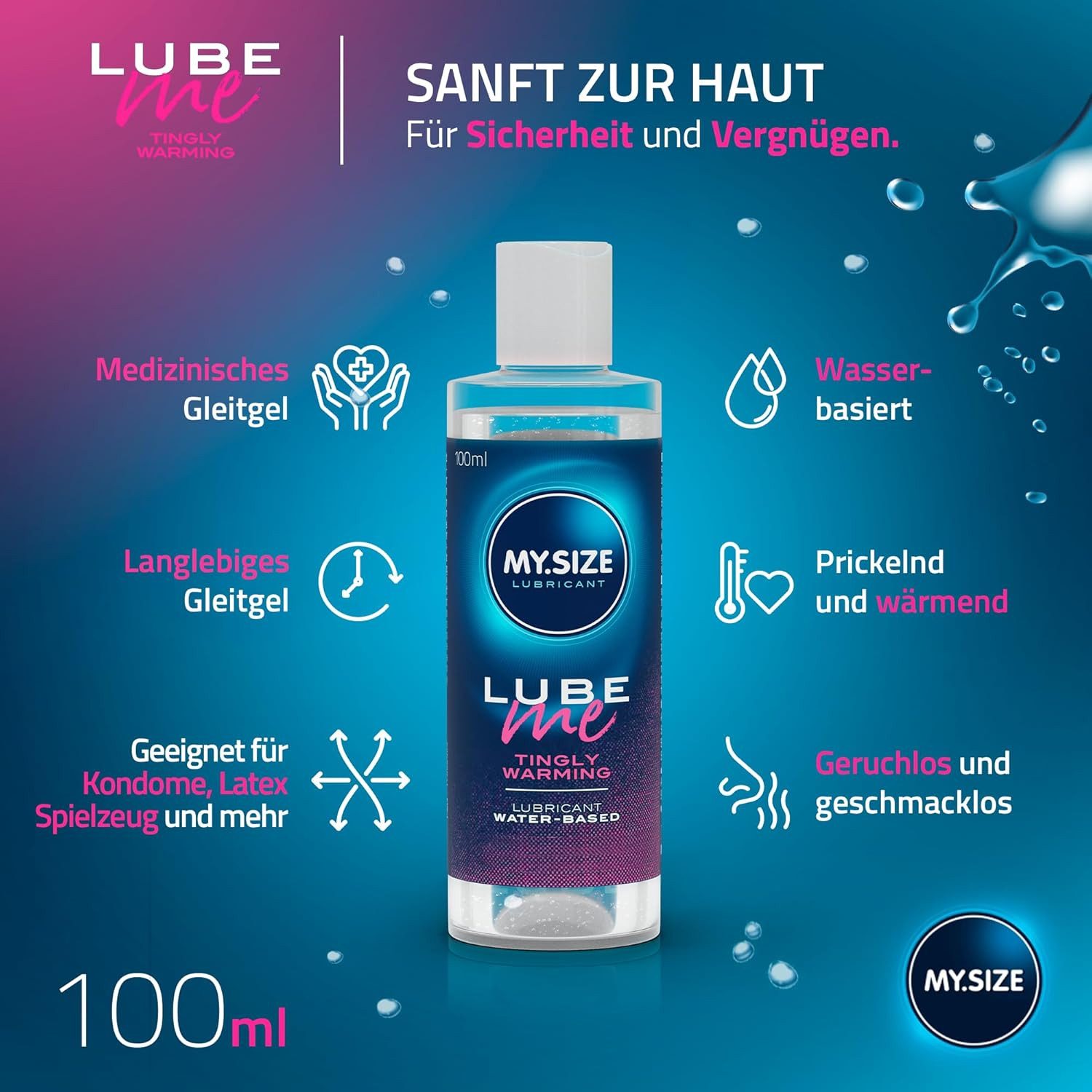 MY.SIZE Gleitgel Lube Me 3-in-1, medizinisches Gleitmittel auf Wasserbasis, wärmend, prickelnd und Höhepunkt verstärkend