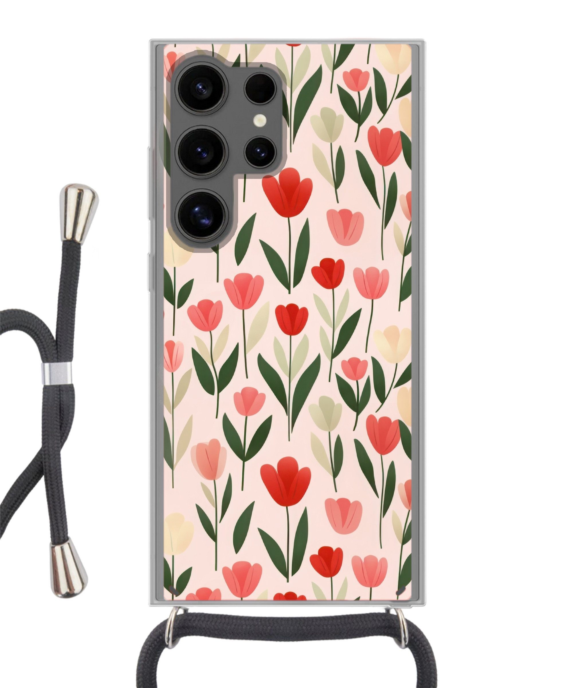 MuchoWow Handyhülle für Samsung Galaxy S24 Ultra Tulpen - Modern - Rosa, Tragbare Handyhüllen mit Kette zum umhängen, Handykette Handyband