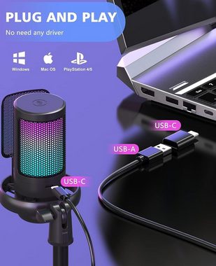 NJSJ Streaming-Mikrofon, RGB USB C Gaming Mikrofon für PS4 PS5, mit Stummschaltung, Popfilter