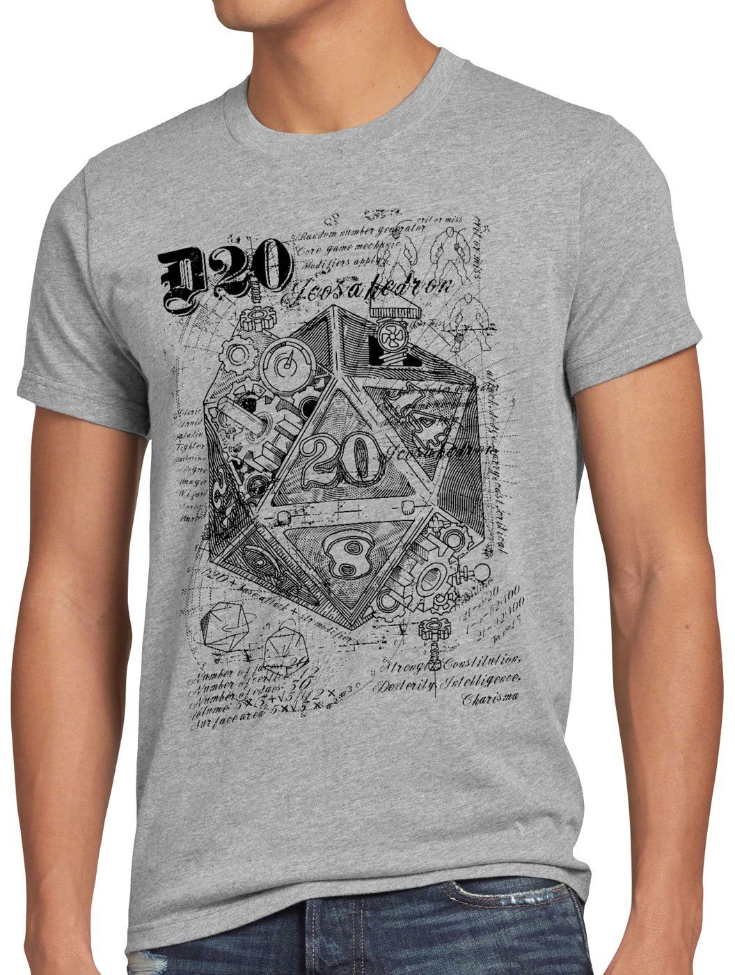 style3 Print-Shirt Herren T-Shirt D20 Da Vinci dragons würfel dungeon grau meliert