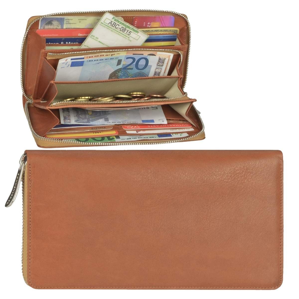 Langbörse Portemonnaie 20x11cm, naturbraun Saale, Sonnenleder Damenbörse, Kartenfächer, 14 Geldbörse
