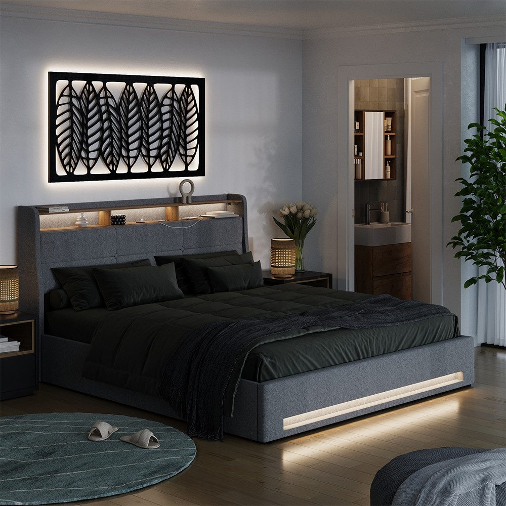 VitaliSpa® Polsterbett Christin, Grau/Eiche, 180x200 mit LED und USB-Anschluss (1-tlg)
