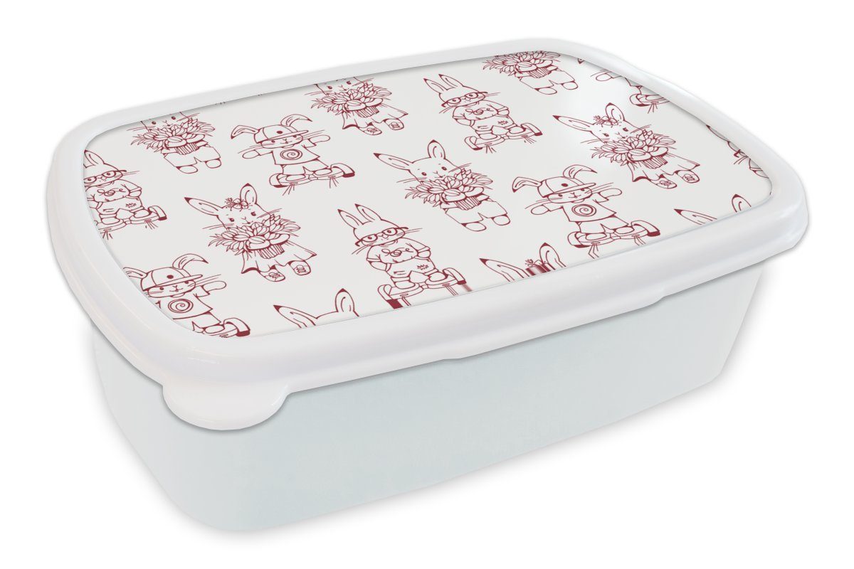 MuchoWow Lunchbox Hoverboard - Muster - Kaninchen, Kunststoff, (2-tlg), Brotbox für Kinder und Erwachsene, Brotdose, für Jungs und Mädchen weiß