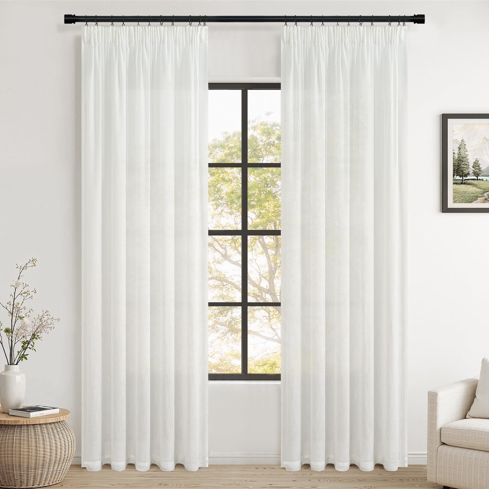 Topfinel Gardine Leinenoptik vorhänge mit kräuselband halbtransparent wohnzimmer (2 St), Kräuselband, halbtransparent, modern boho Weiß 140x145cm kinderzimmer Schlafzimmer Esszimmer