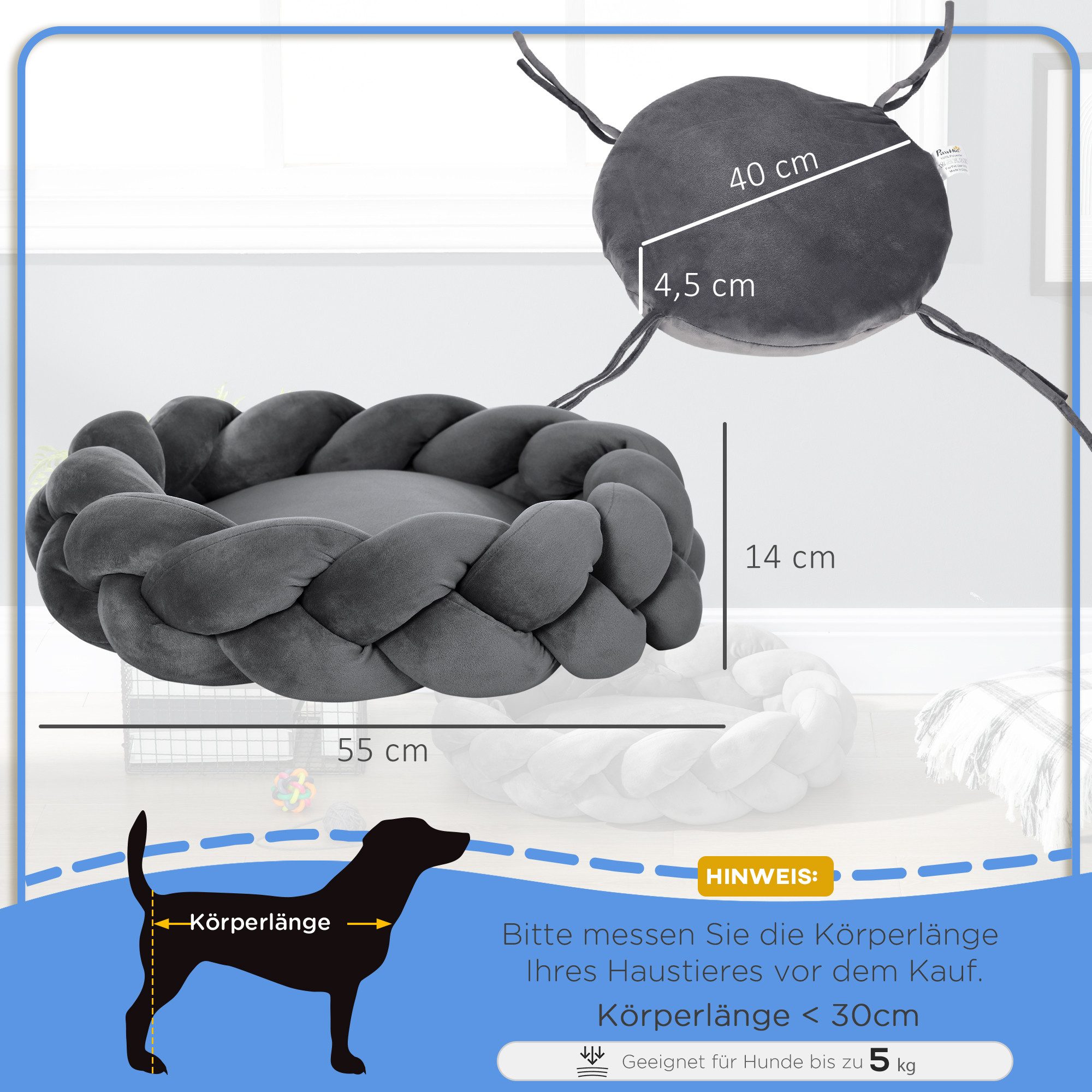 PawHut Tierkissen waschbare Tiermatte für kleine Hunde und Kätzchen, Samt, Baumwollseil, Grau Ø55 x 14 cm