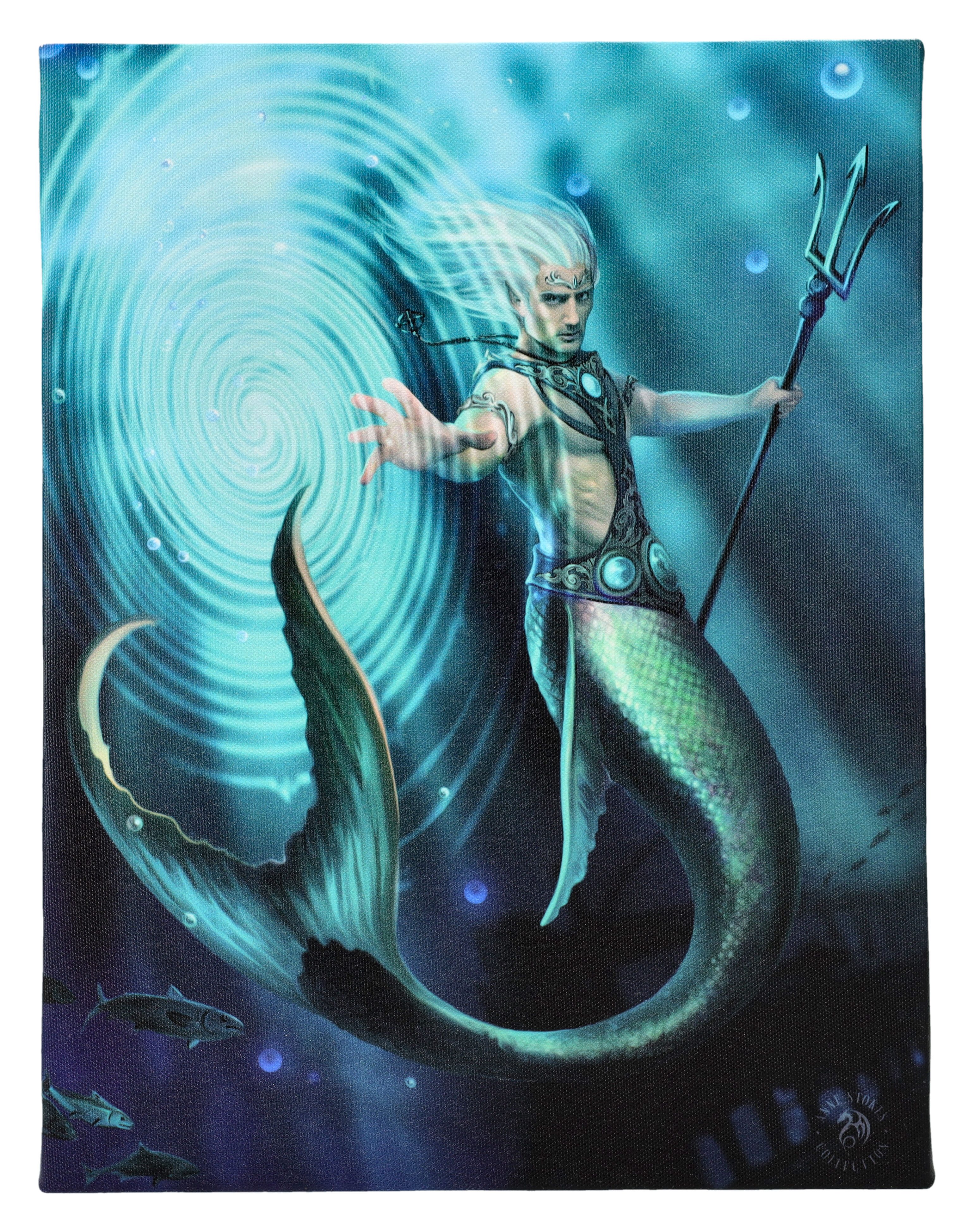Figuren Shop GmbH Leinwandbild Kleine Leinwand Meerjungfrau - Wasser Magier - Fantasy Leinwandbild, Meerjungfrau, Zauberer, Magier, Dreizack