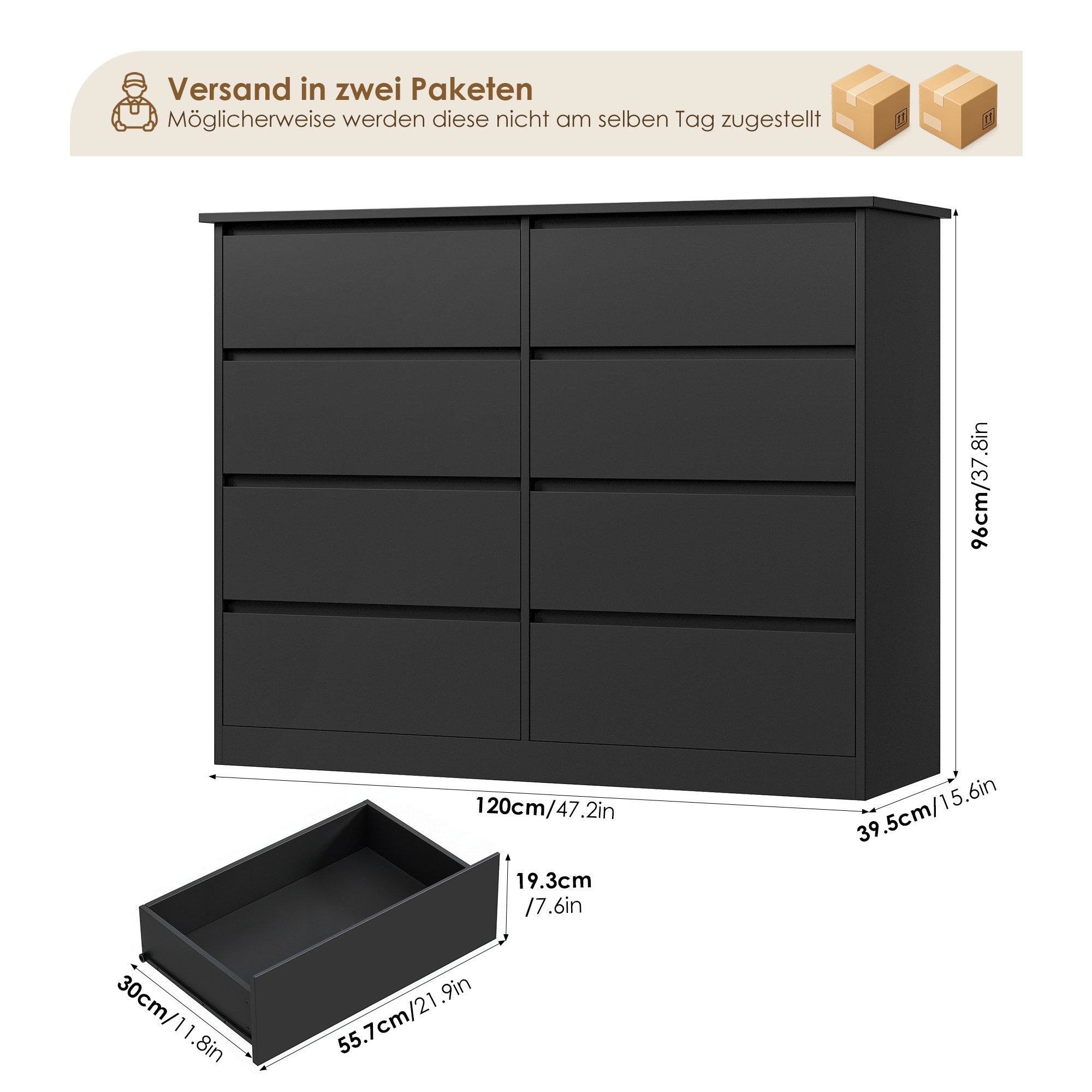 Homfa Kommode Sideboard Komodenschrank Schubladenkommode, mit 8 Schubladen, Breite 120cm Höhe 96cm