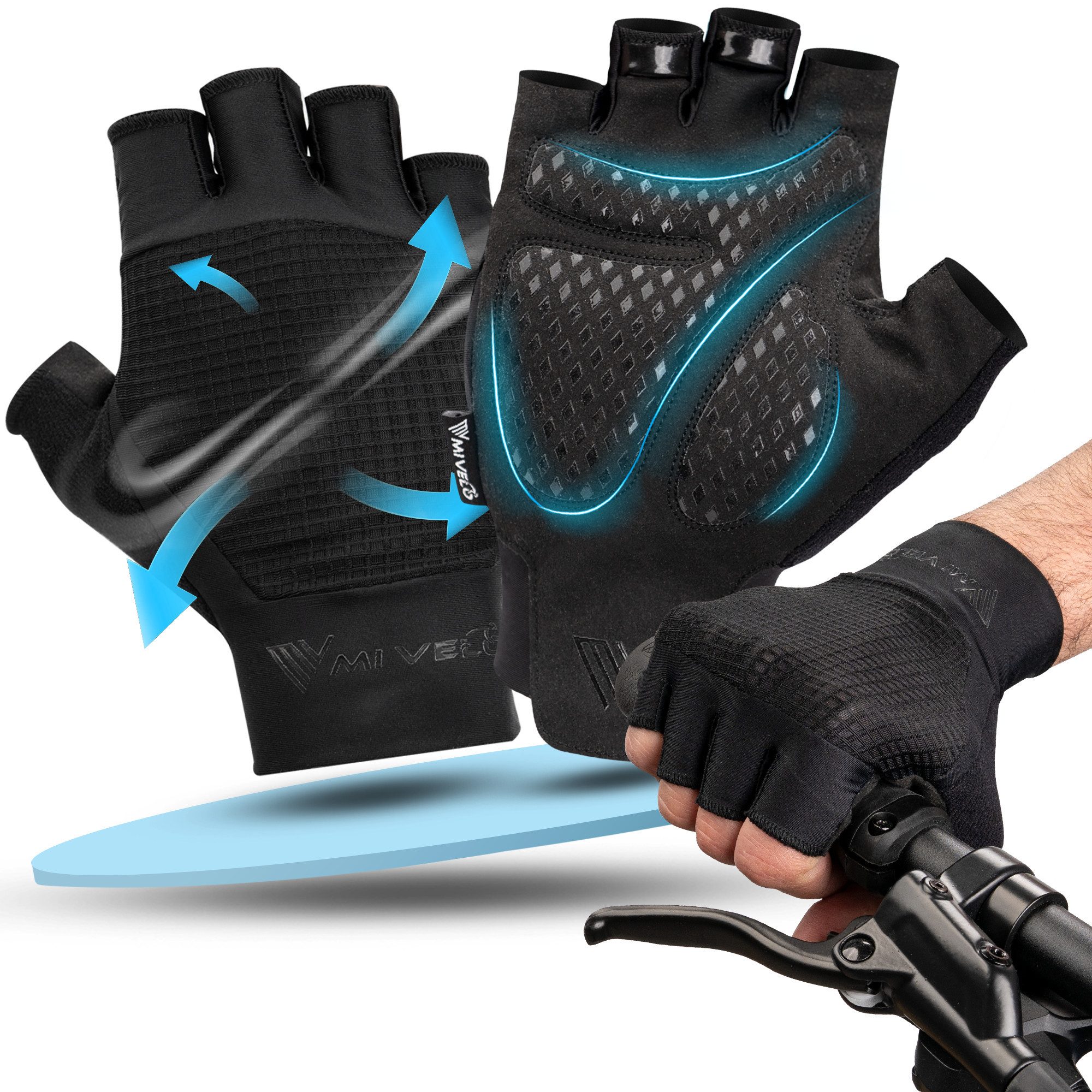 MIVELO Fahrradhandschuhe Herren & Damen gepolstert, Sommer Fahrrad Handschuh, atmungsaktiv mit An- und Ausziehhilfe, Halbfinger