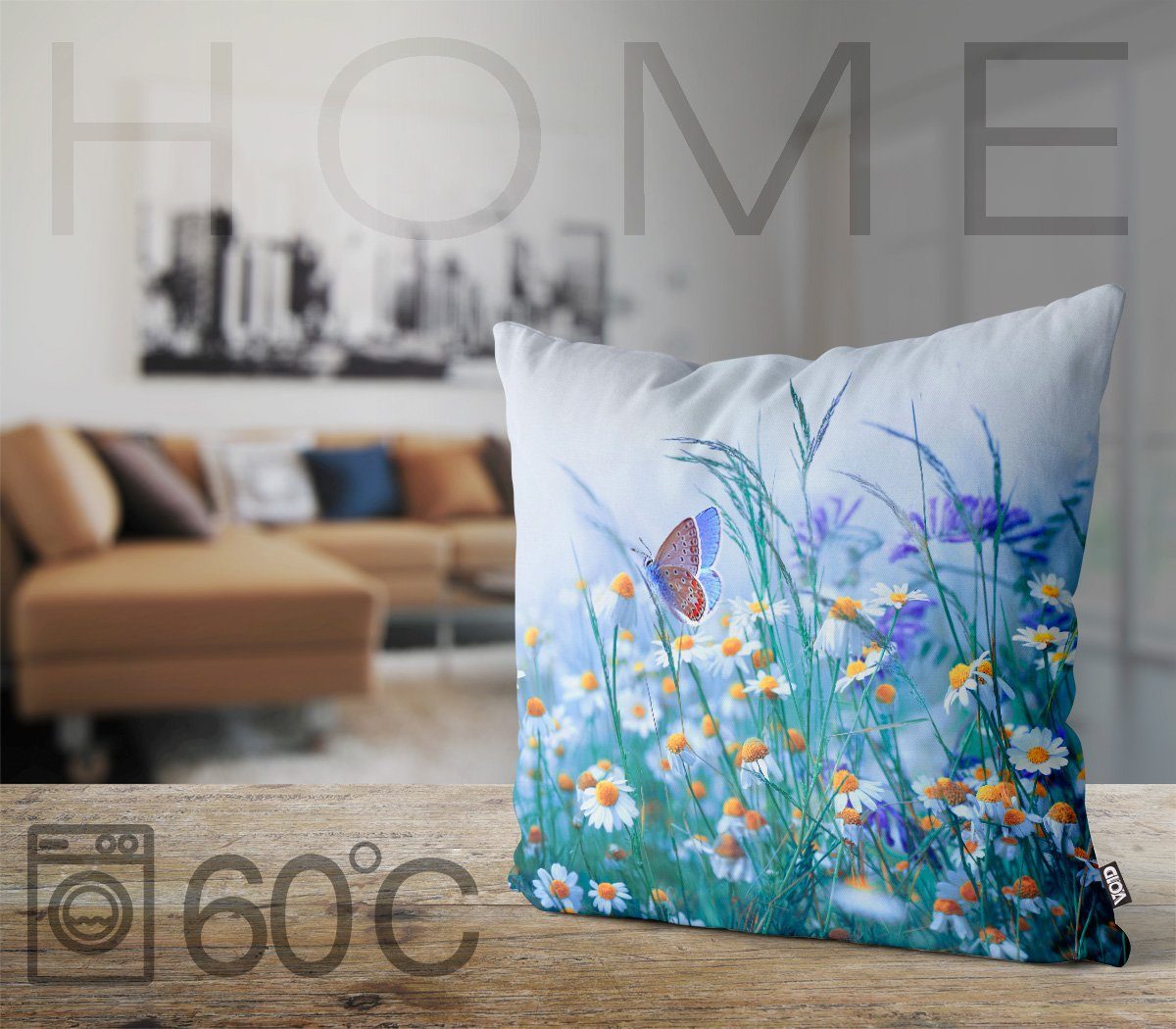 VOID floral Sofa-Kissen Blumen-Wiese Frühling (1 Schmetterlinge Gras geblümt Gänse-Blümchen Kamillen-Blüten Kissenbezug, Blumen-Muster Kräuter-Ga romantisch Sommer Stück),