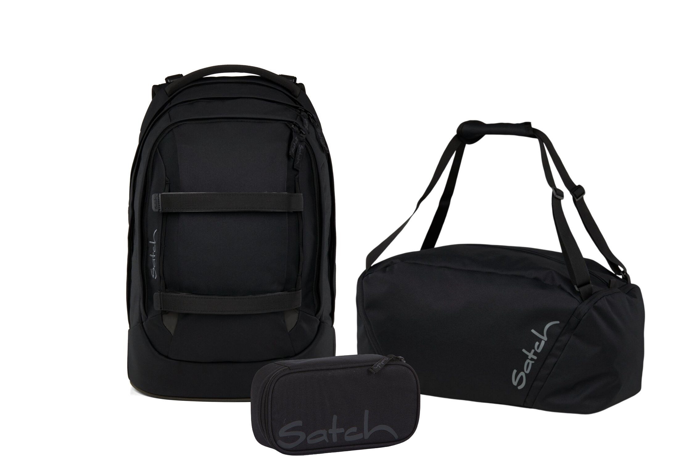 Satch Schulranzen Schulrucksack-Set PACK Blackjack 3-teilig (3-teilig), ergonomisch, Your-Size-System: auf Körpergröße anpassbar