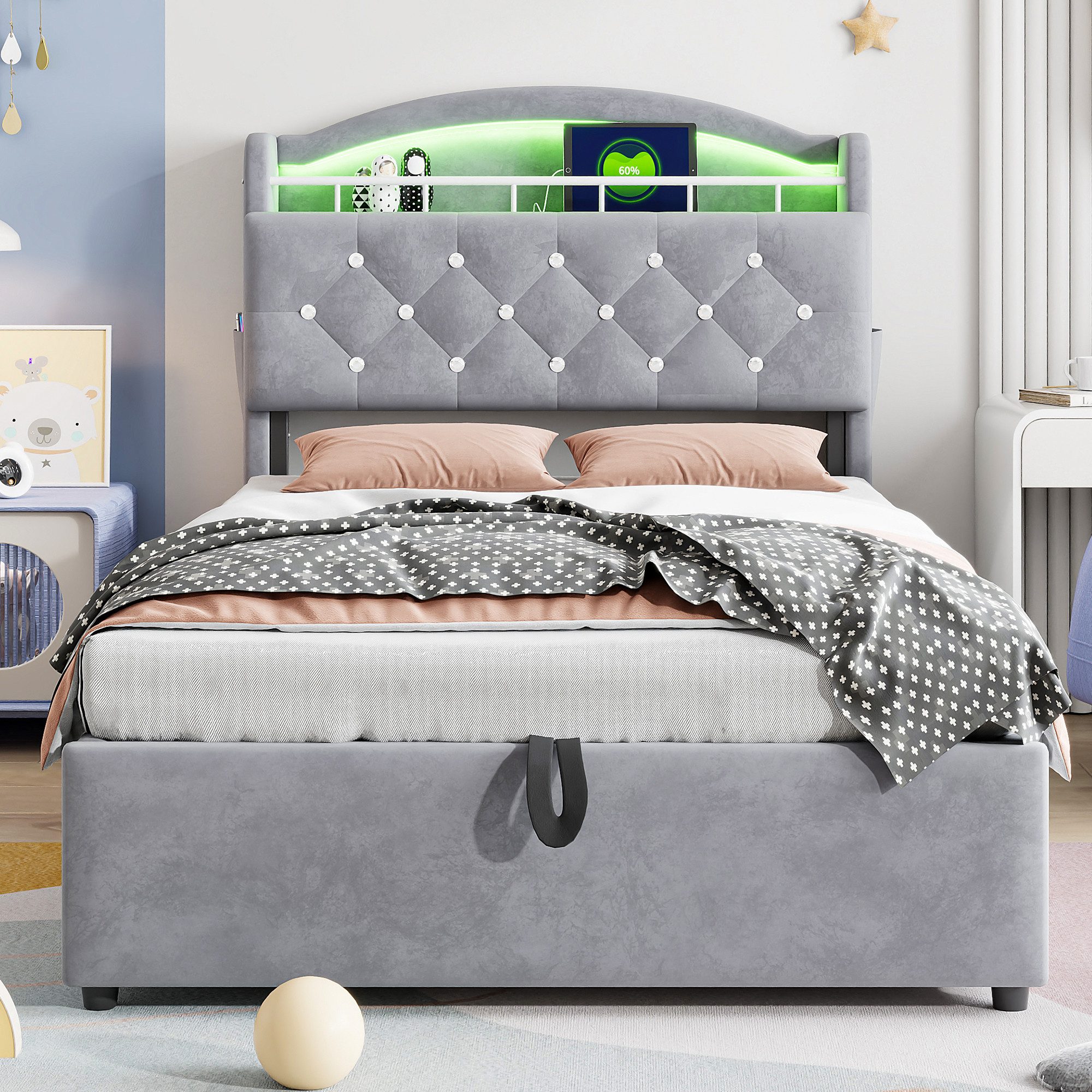 Odikalo Stauraumbett Polsterbett Einzelbett Bettgestell Kopfteil USB Stauraum 90x200 Grau – Bild 2 von 5
