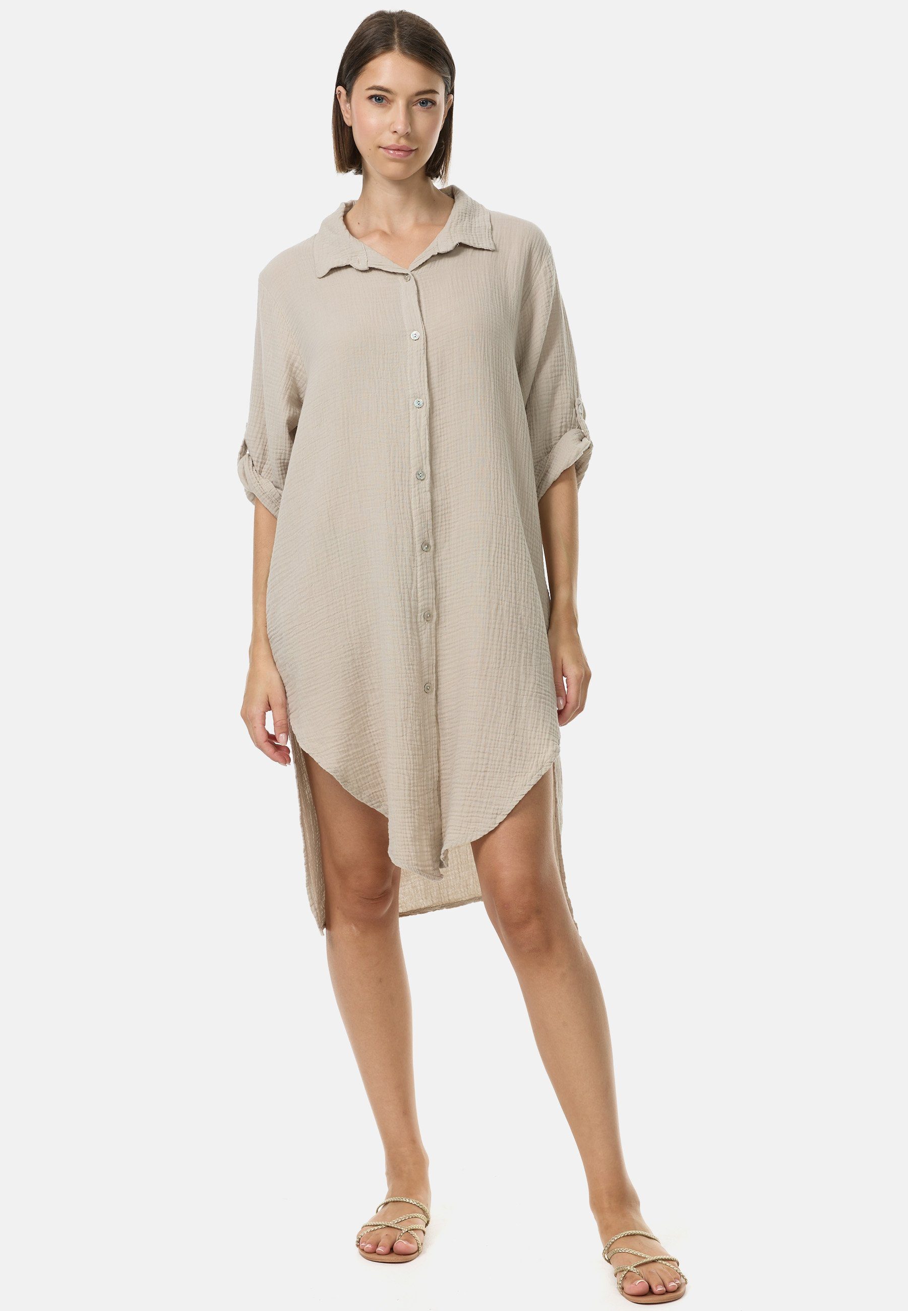 Rayshyne Longbluse PM50 (Trendige Musselin Longbluse Tunika) Perlmuttknöpfe, Atmungsaktiv, Hautfreundlich