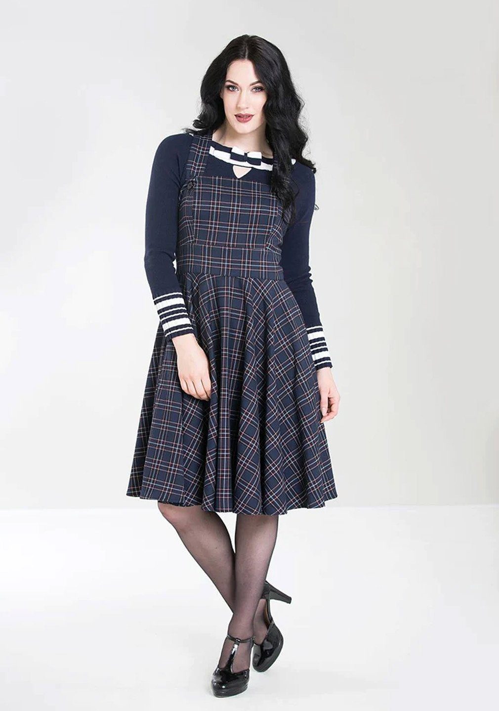 Hell Bunny A-Linien-Kleid Peebles Pinafore Dress Tartan Blau Retro Vintage Schürzenkleid Latzrock