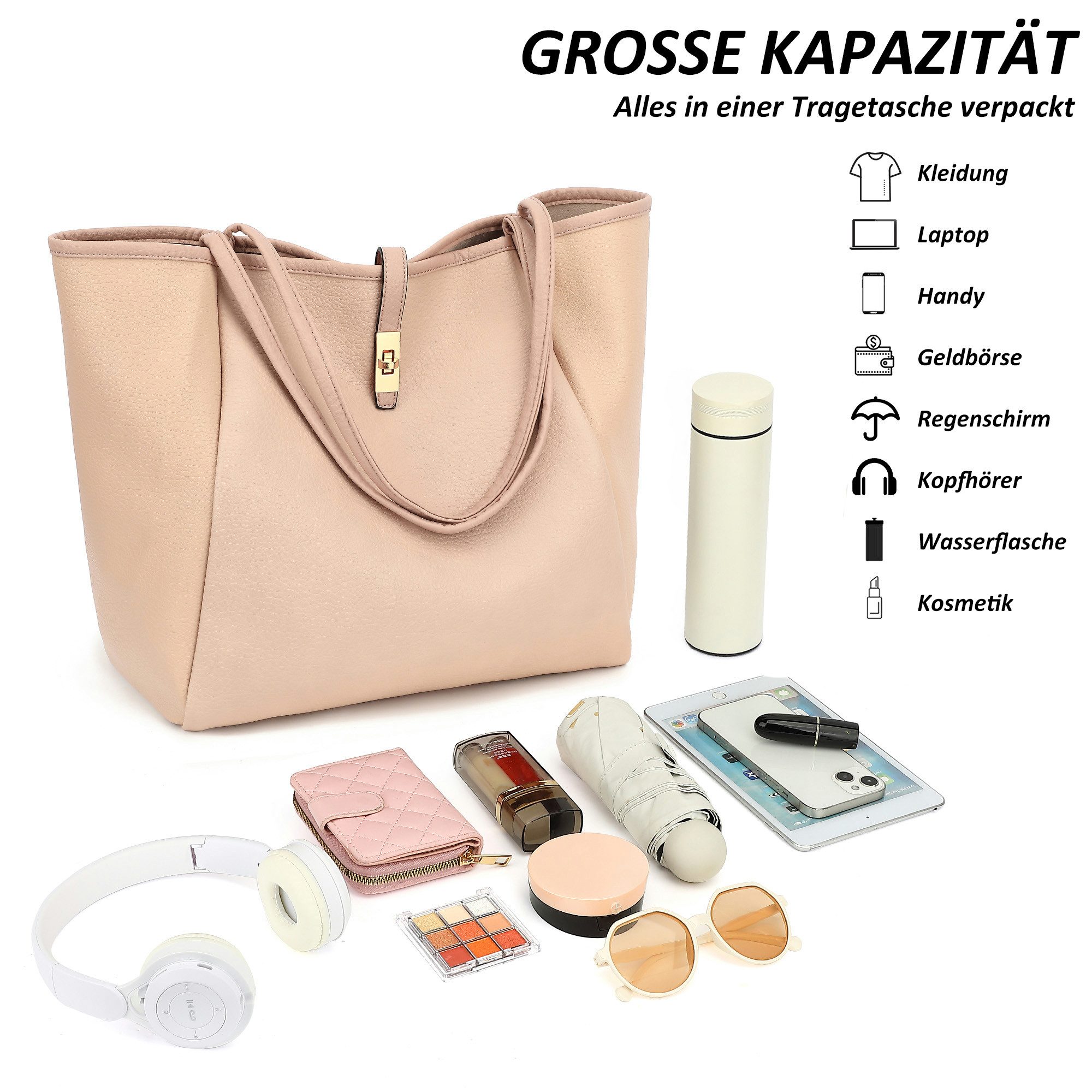 TAN.TOMI Schultertasche Damen Umhängetasche Synthetisches-Leder Tote Shopper Bag, Mit Drehverschluss und Innentasche für Arbeit, Schule, Einkauf – Bild 3 von 5