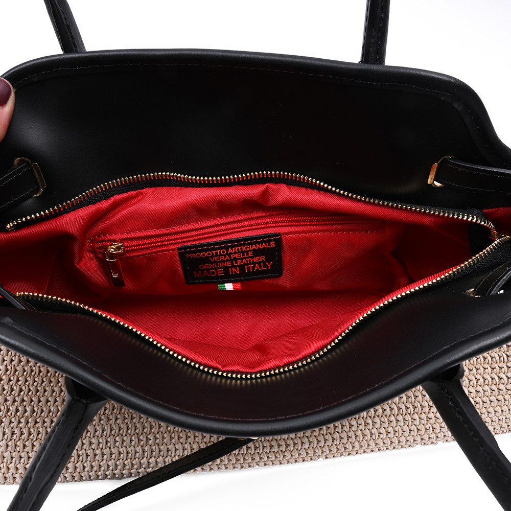 Goodman Design Handtasche Raffia-Schultertasche mit Lederdetails – Made in Italy, Hochwertige Verarbeitung und edles Design.