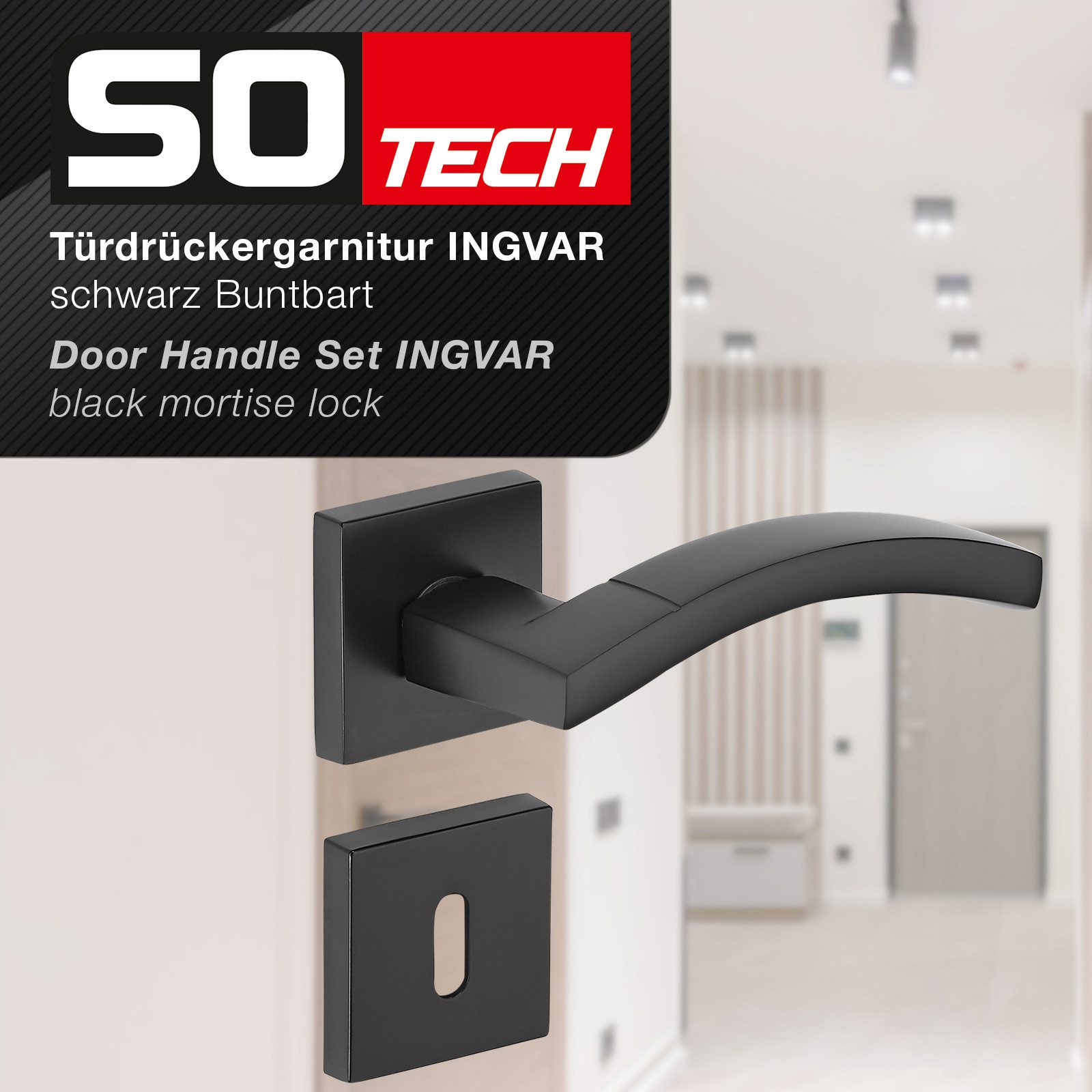 SO-TECH® Drückergarnitur Türdrücker INGVAR Aluguss schwarz inkl. Befestigungsmaterial, Spar-Set, 1-tlg., mit Papier-Bohrschablone, mit BB-Rosetten - Buntbart fü – Bild 2 von 5
