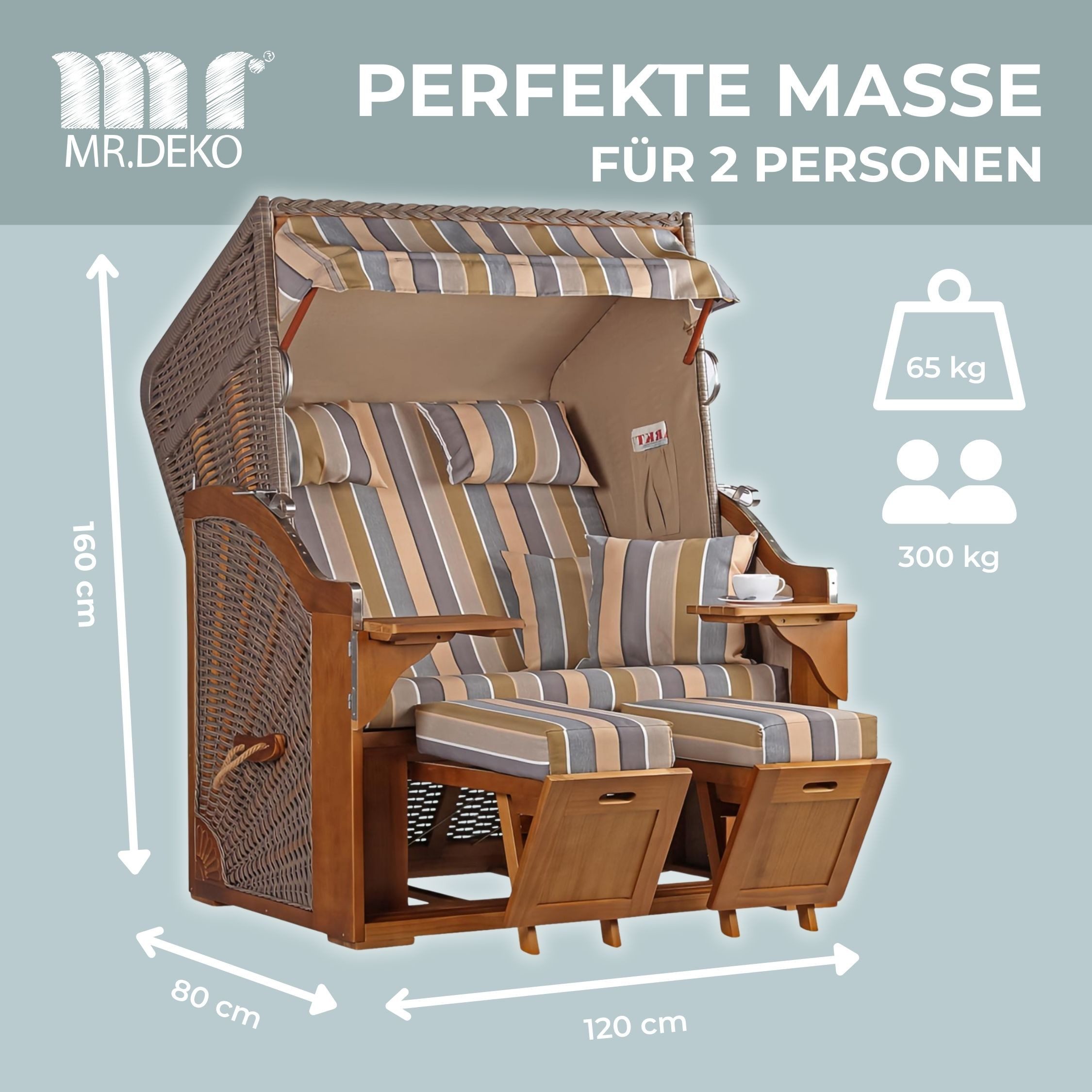 MR.DEKO Strandkorb 2-Sitzer Schleswig Pinie Braun PE Mokka, aufgebaut geliefert, BxTxH: 120x80x160 cm, 2-Sitzer, Schleswig, (Zweisitzer Strandkorb mit Bistrotischen & Fußstützen), Bereits montiert, UV-beständig, Volllieger & Edelstahl-Beschläge