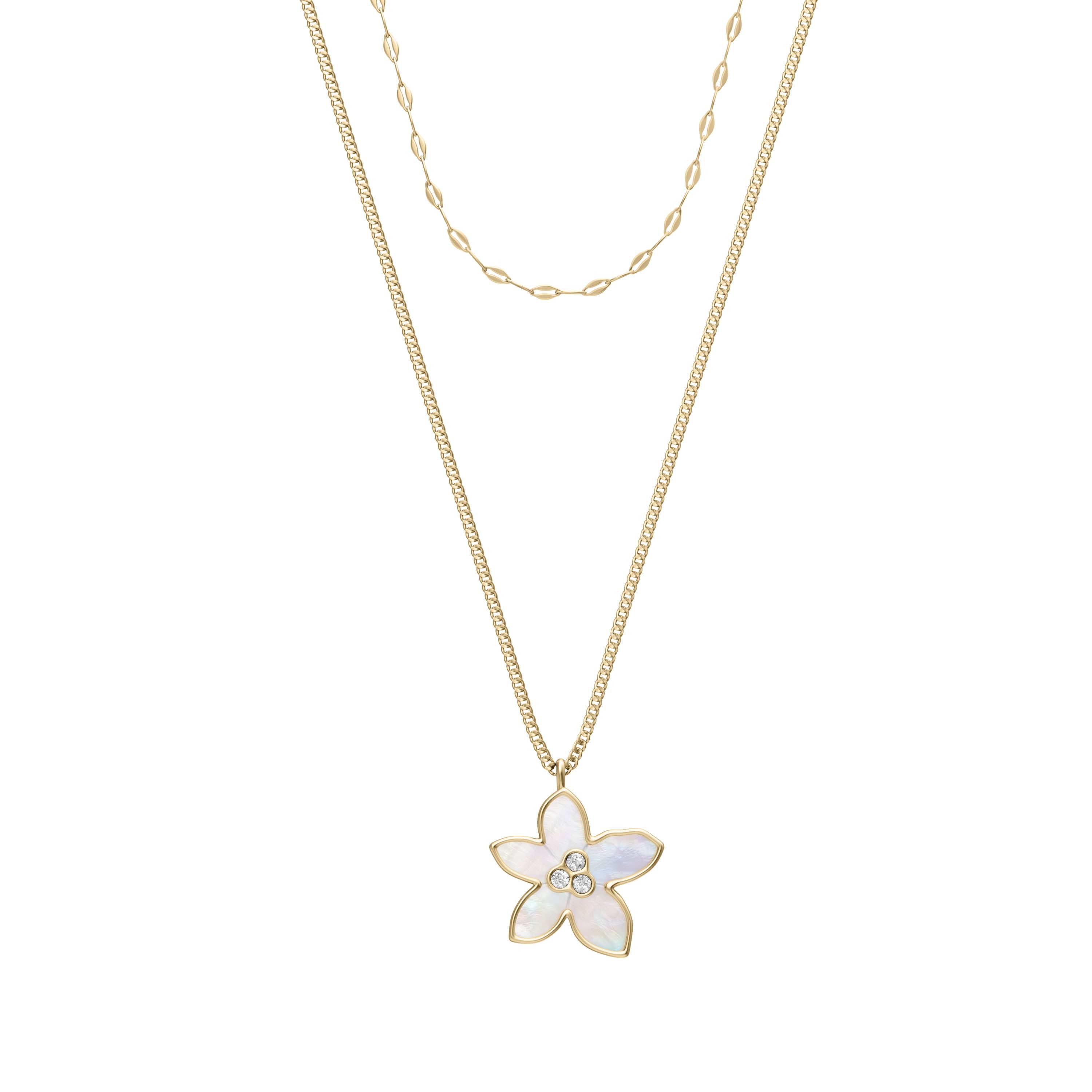 Fossil Kette mit Anhänger Schmuck Geschenk Edelstahl Halskette Layering Blume Sutton, mit Glasstein - mit Perlmutt