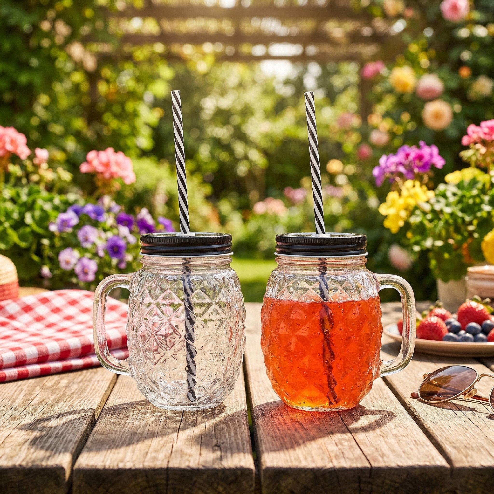 Sinoba Gläser-Set 3D Ananas Trinkglas Set Trinkgläser Garten Party Sommer Grill Deko, 4-tlg., mit Deckel und stabilem Strohhalm 450ml