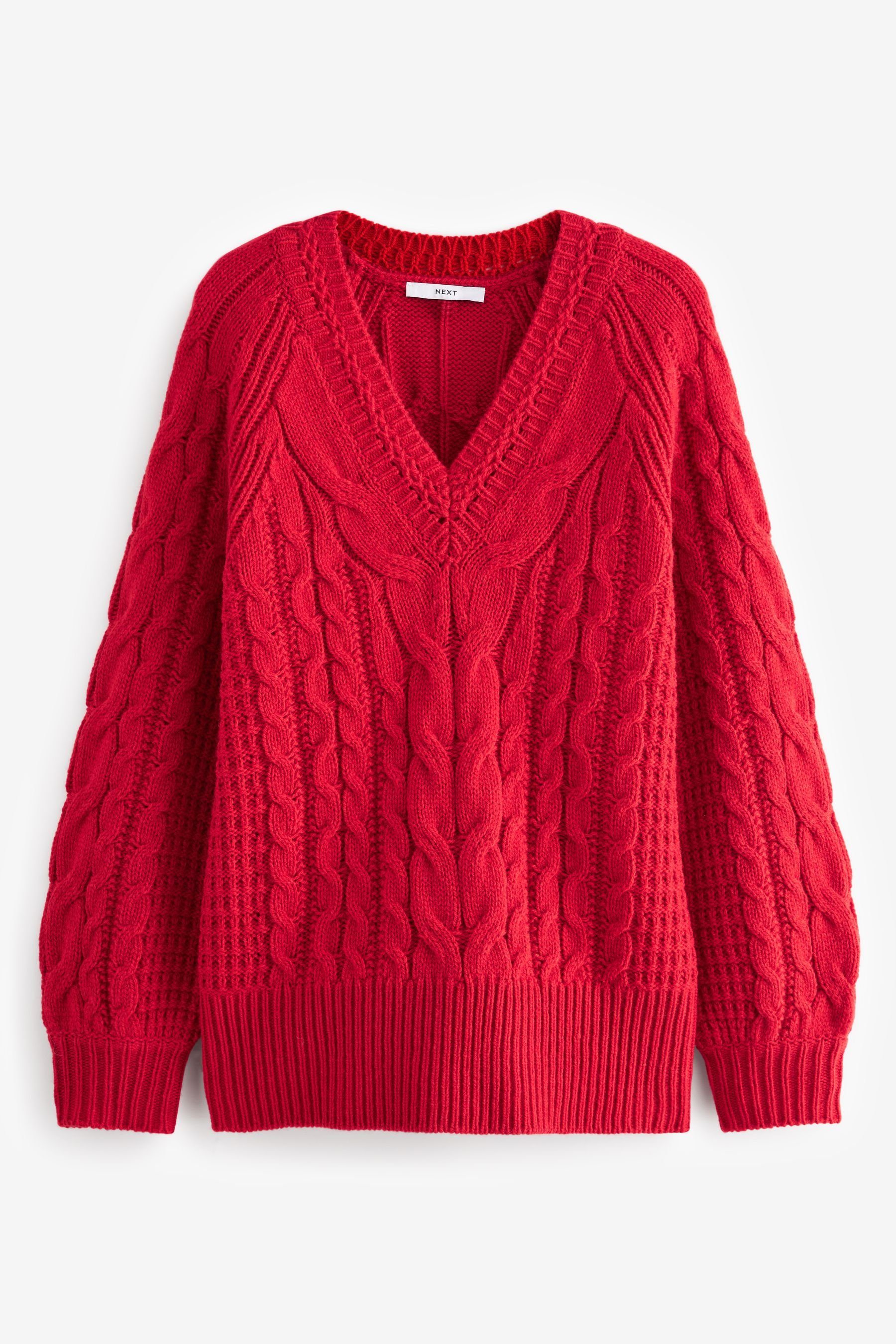 Next V-Ausschnitt-Pullover Tunika mit Zopfmuster und V-Ausschnitt (1-tlg) Red