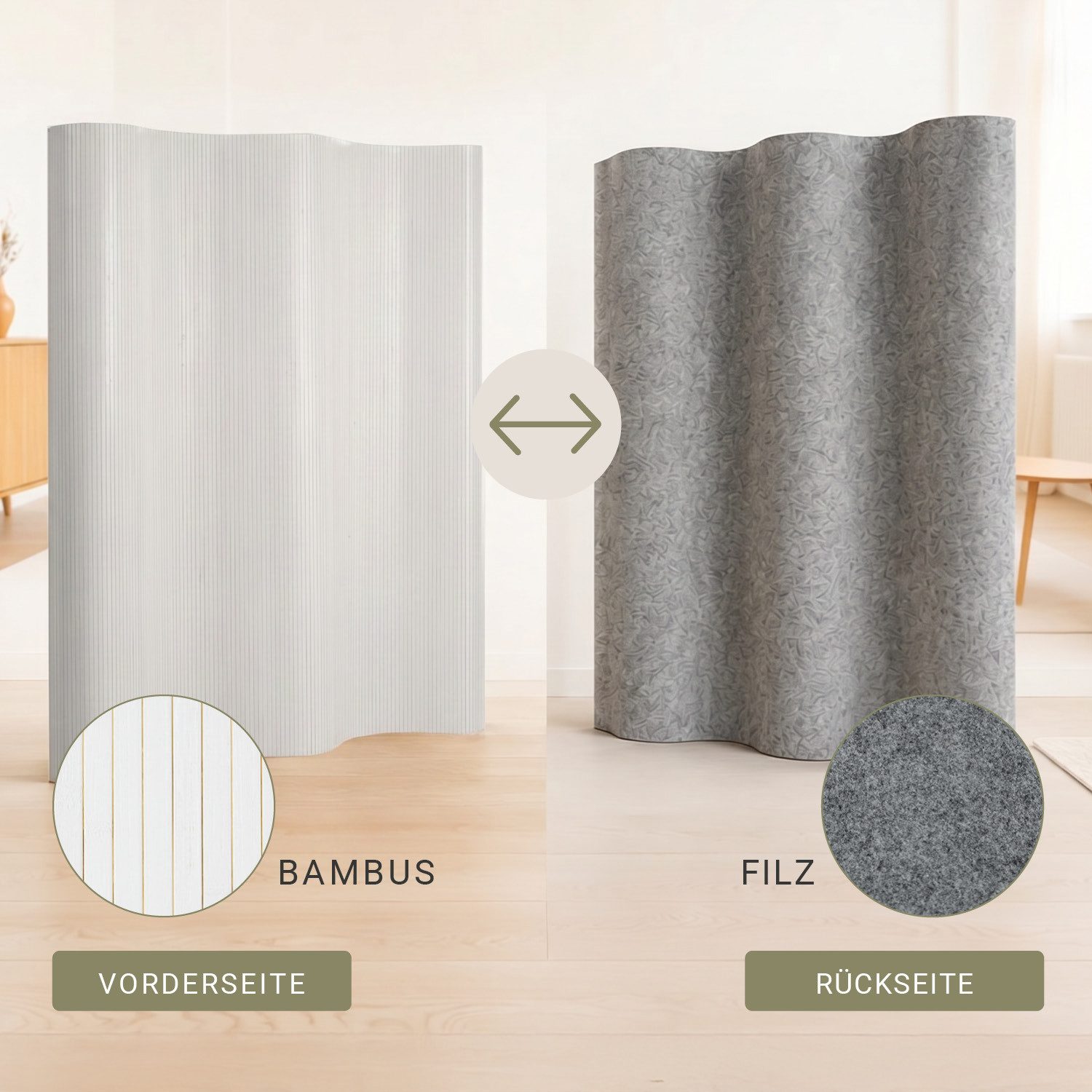 Homestyle4u Paravent Raumteiler Trennwand Bambus Sichtschutz Holz 145x200 195x200 Indoor (1 St), Weiß, Faltwand