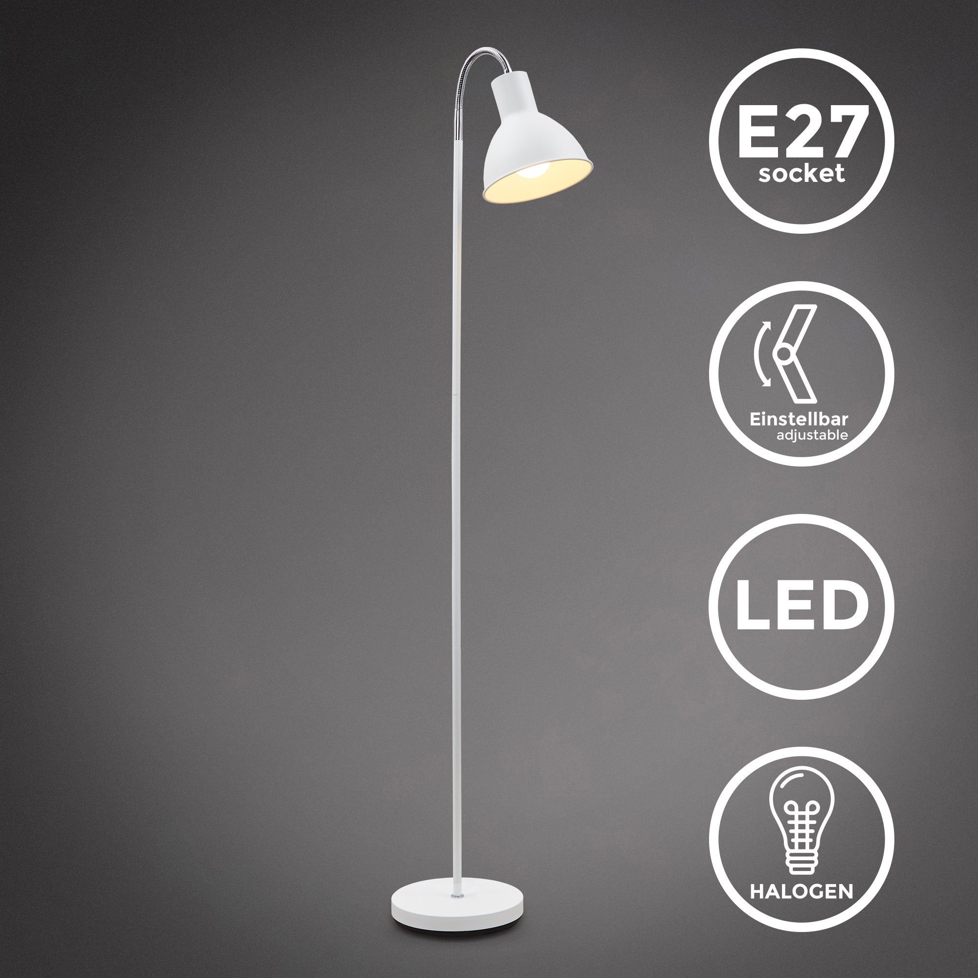 25W), 1-Flammig, Leuchtmittel, Retro, E27-Fassung, B.K.Licht Leuchtmittel (max. 145cm Metall, BK_ST1196 ohne ohne Schwenkbar, Stehlampe Höhe: Stehleuchte, Weiß,