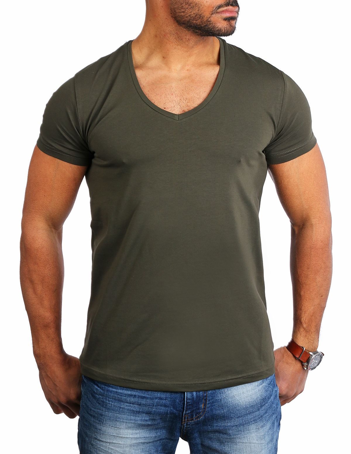 Young & Rich T-Shirt Herren Uni Basic extra tiefer Ausschnitt Unterziehshirt 1315 V-Ausschnitt unifarben kurzarm slim fit