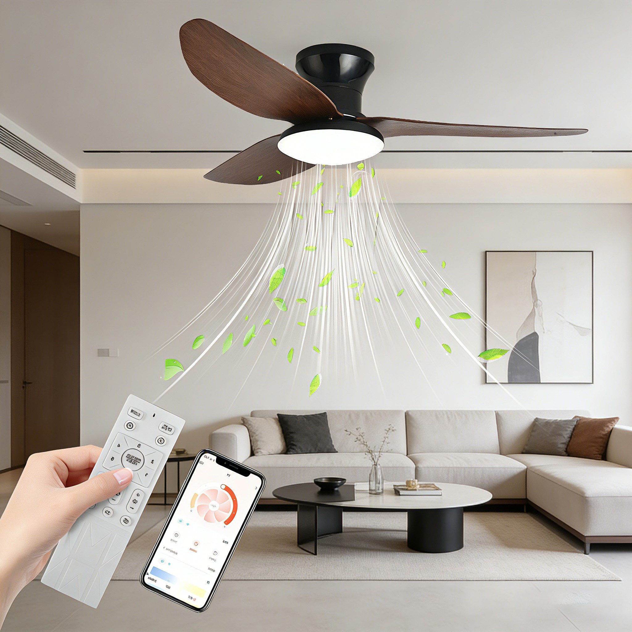 OYLCDI Deckenleuchten Leise Deckenventilator LED Deckenleuchte,ventilatoren, APP-Kontrolle,Fernbedienung, Warmes weißes Licht, neutrales weißes Licht, kaltes weißes Licht, 6 einstellbare Gänge, Leuchte/ Ventilator getrennt schaltbar