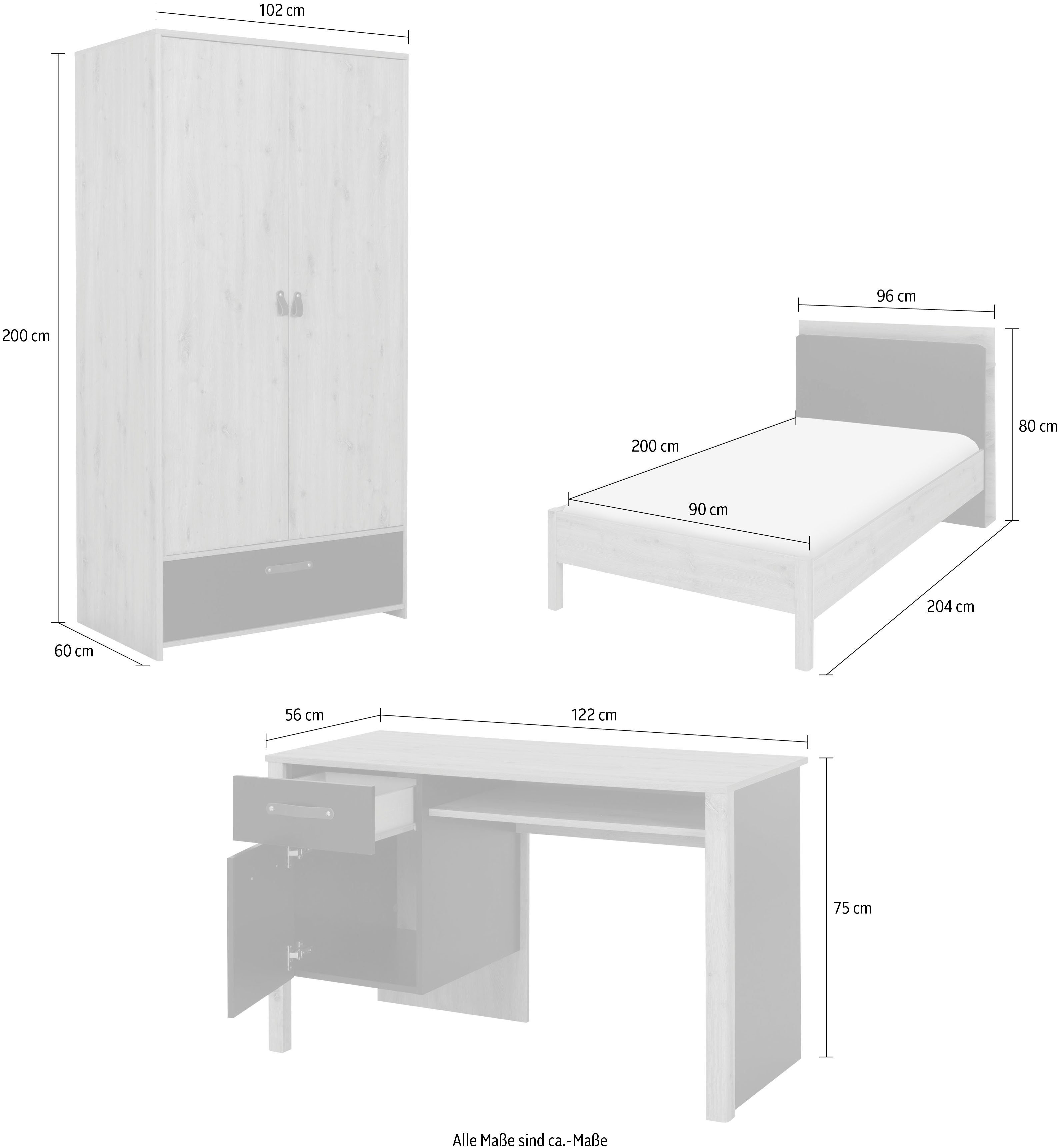 Schreibtisch) mit (4-St., Bett Arthus, Jugendzimmer-Set Gami Kopfteil, Kleiderschrank,