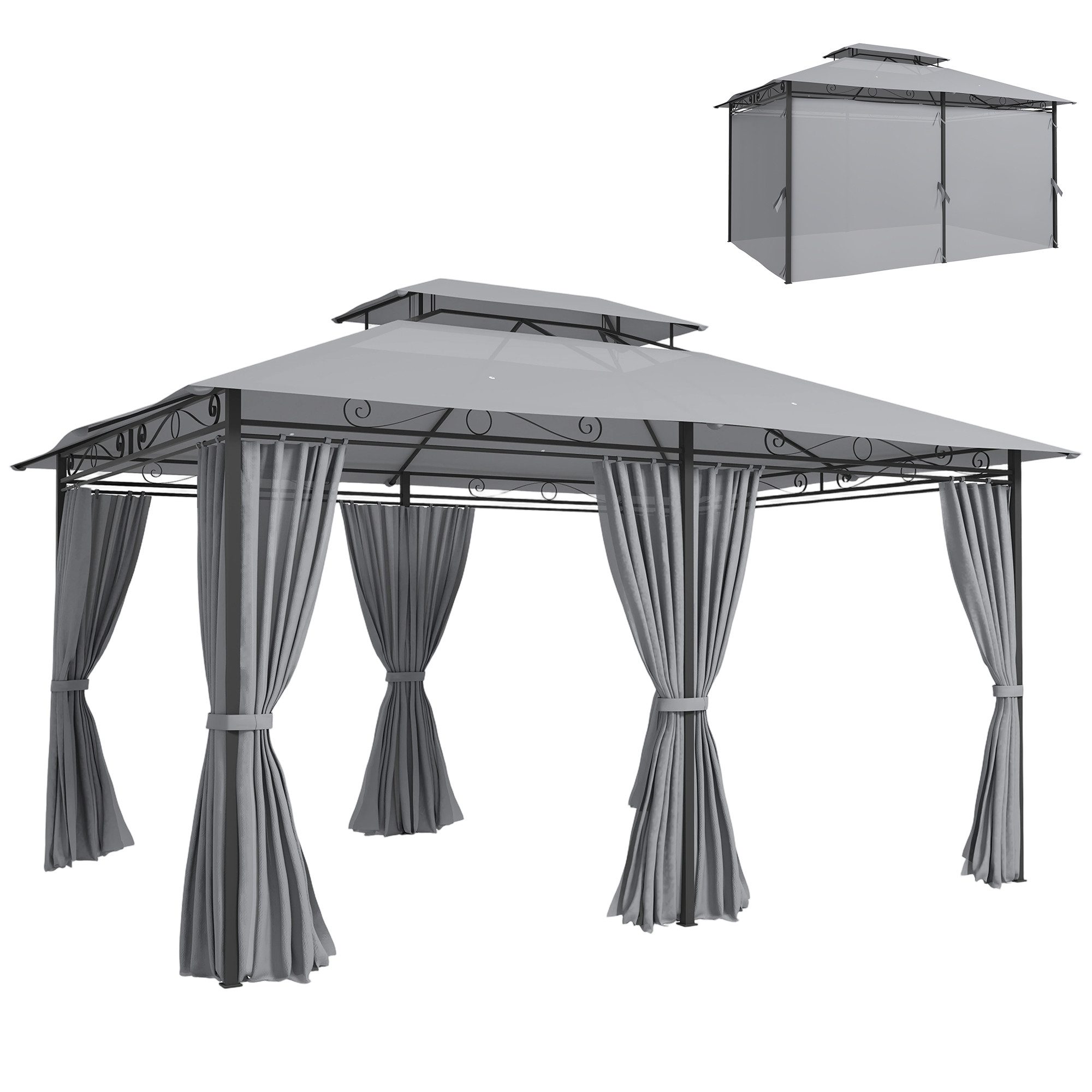 Outsunny Pavillon mit Doppeldach, 6 Seitenteile, Abflusslöcher, mit 6 Seitenteilen, (Gartenpavillon, Garten Pavillon), für Garten, Terrasse, Dunkelgrau