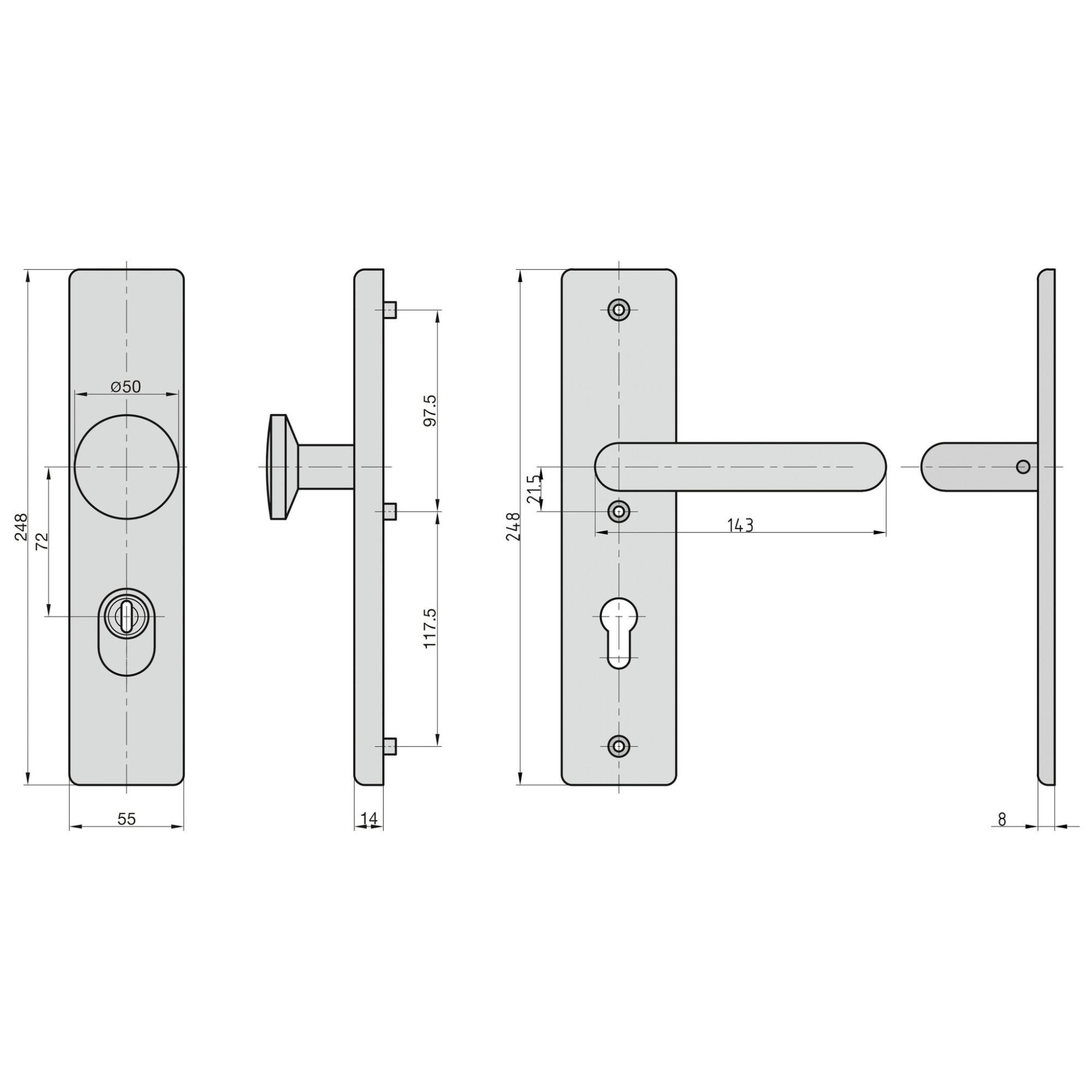 BASI Türbeschlag Wechsel-Garnitur (Packung), Schutzbeschlag PZ 72/8 mm, ZA, Edelstahl, Schild 14 mm, Türen 38-45 mm