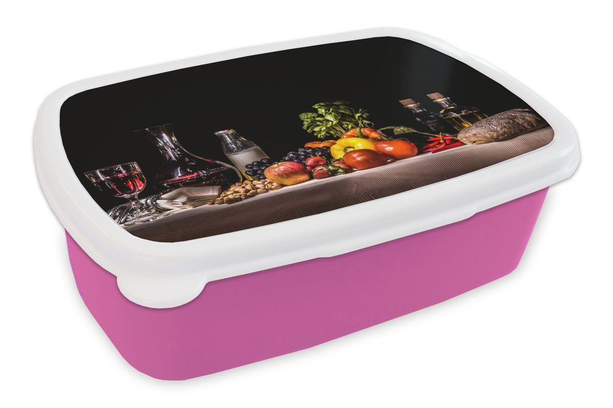 MuchoWow Lunchbox Stilleben - Essen - Trinken - Obst - Schwarz, Kunststoff, (2-tlg), Brotbox für Erwachsene, Brotdose Kinder, Snackbox, Mädchen, Kunststoff rosa