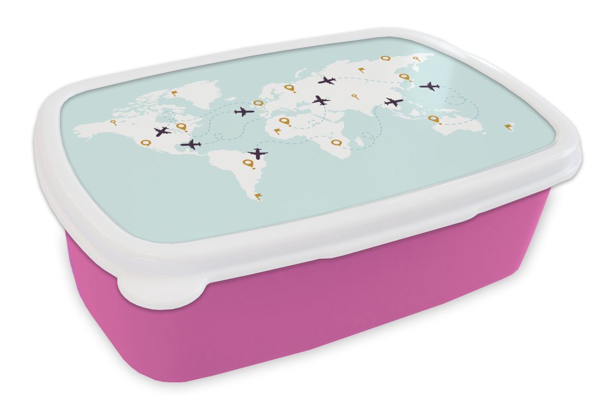 MuchoWow Lunchbox Weltkarte - Flugzeug - Einfach, Kunststoff, (2-tlg), Brotbox für Erwachsene, Brotdose Kinder, Snackbox, Mädchen, Kunststoff rosa
