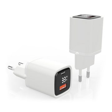 EAXUS 33 Watt USB-A + USB-C Netzteil mit Schnellladefunktion und Display USB-Ladegerät (4000,00 mA, optional inkl. Schnellladekabel, USB Power Delivery + QC4.0 Schnellladung, zeigt Ladegeschwindigkeit)