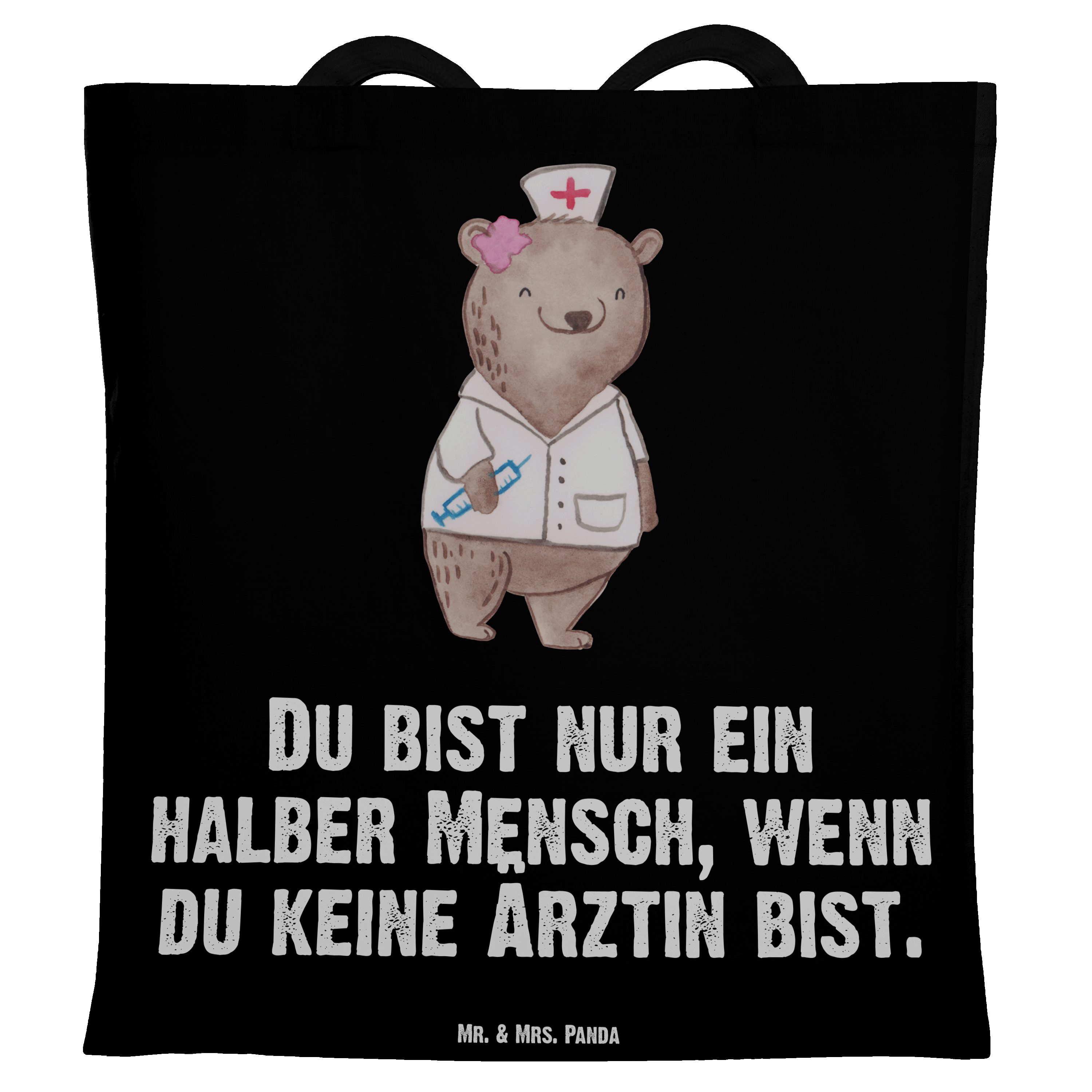 Mr. & Mrs. Panda Tragetasche Ärztin mit Herz - Schwarz - Geschenk, Einkaufstasche, Danke, Beutel, (1-tlg)